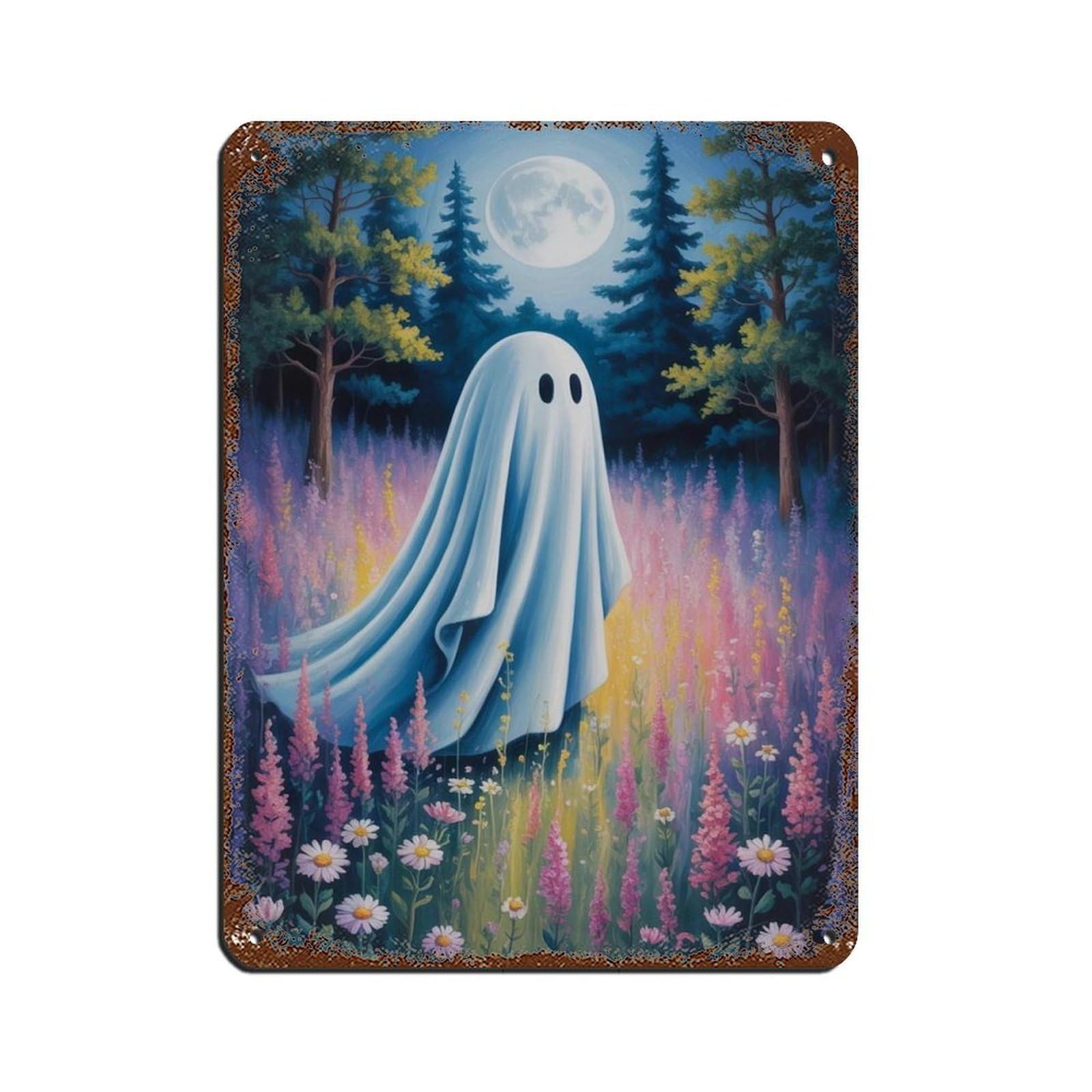 Ghost with Flowers at The Moon Poster Tin Sign Vintage Metal Pub Club Cafe Bar Home Wall Art Decoration Poster Retro 12x16inch(30x40cm)