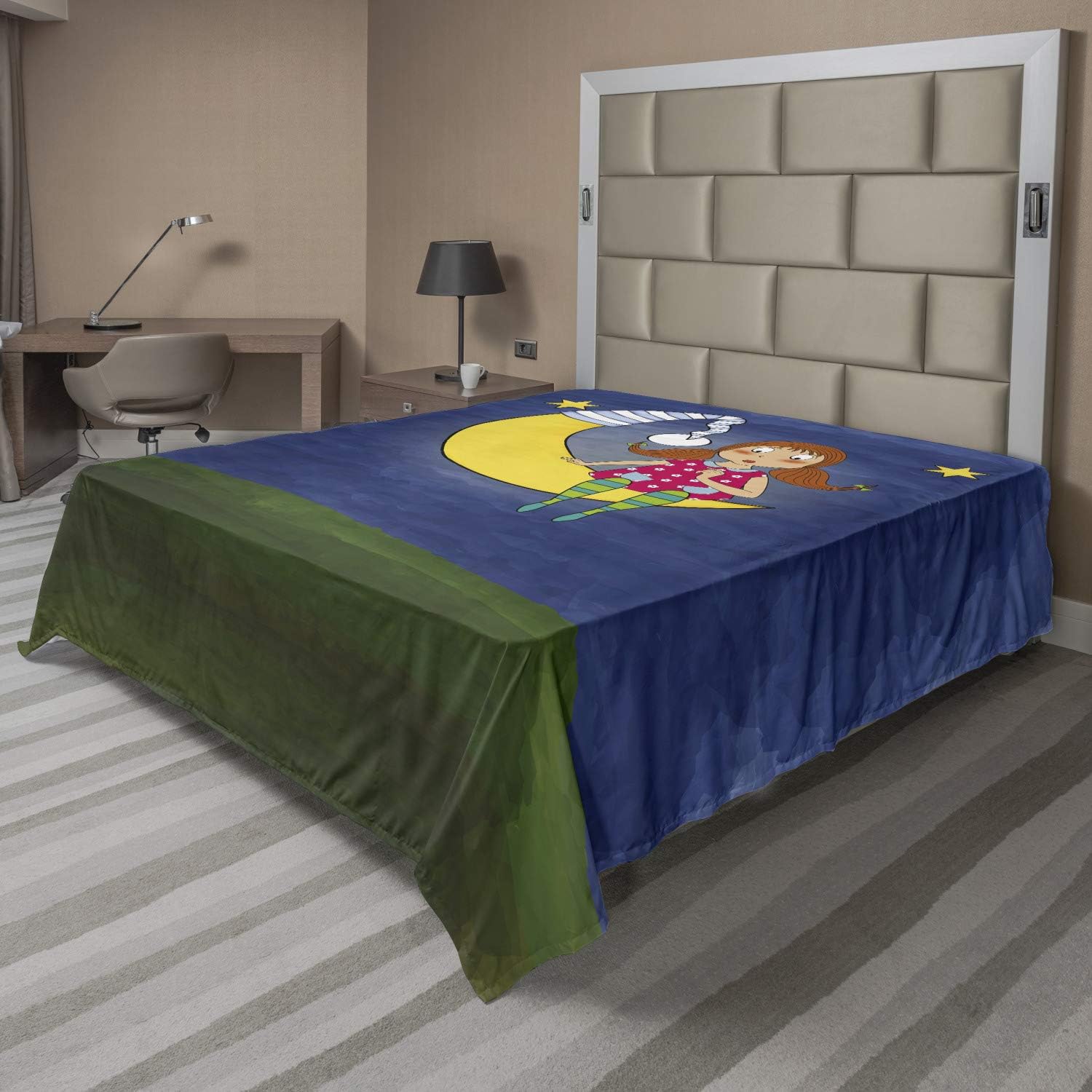 Ambesonne Moon Flat Sheet, Cartoon Girl with Pigtails on Moon Stars Words Artwork Doodle Style, Soft and Comfortable Top Sheet Decorative Bedding 1 Piece, Full Size, Multicolor