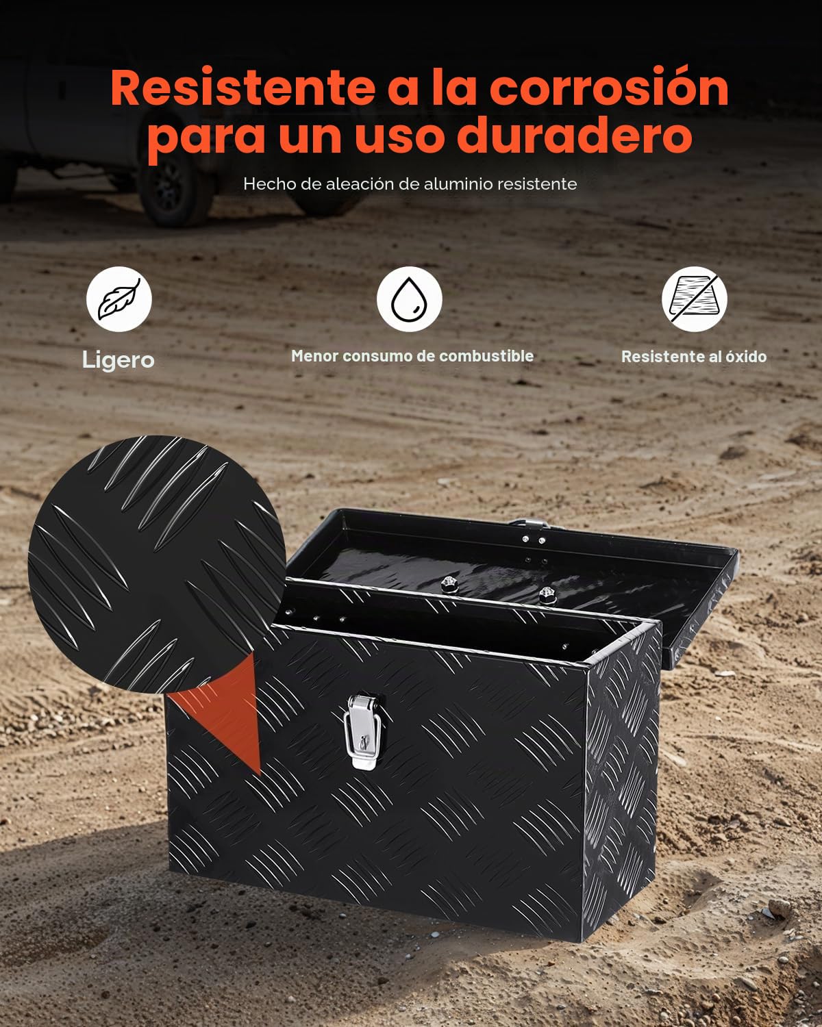 VEVOR Caja de Herramientas de Aluminio Resistente a Caja de Camioneta, con Diseño a Rayas, Asa Lateral y Superior, para Remolque, Camioneta, Autocaravana, 406 x 190 x 254 mm, Negro, Carga 20 kg