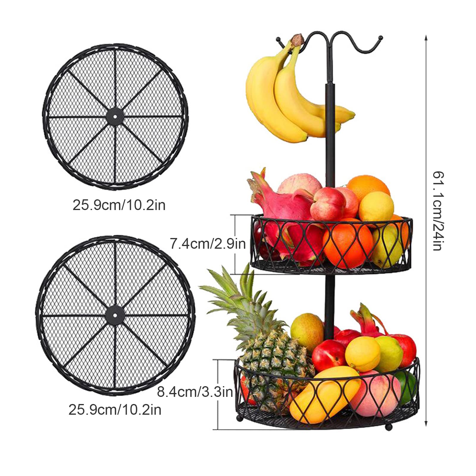 Cesta de Frutas de 2 Niveles con Colgador de Plátano, Alambre de Metal, Cesta de Almacenamiento de Frutas Y Verduras, Soporte Organizador de Frutas Extraíble, Soporte Grande para Cuencos de(A)