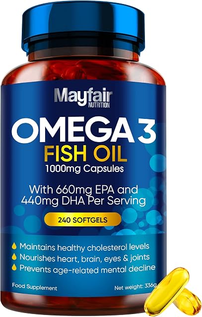 Omega 3 1000mg Capsules - 240 Fish Oil Tablets with 660mg EPA & 440mg DHA per Daily Serving - Supports Heart, Vision, & Brain Health - 4 Months Supply - Made in UK
