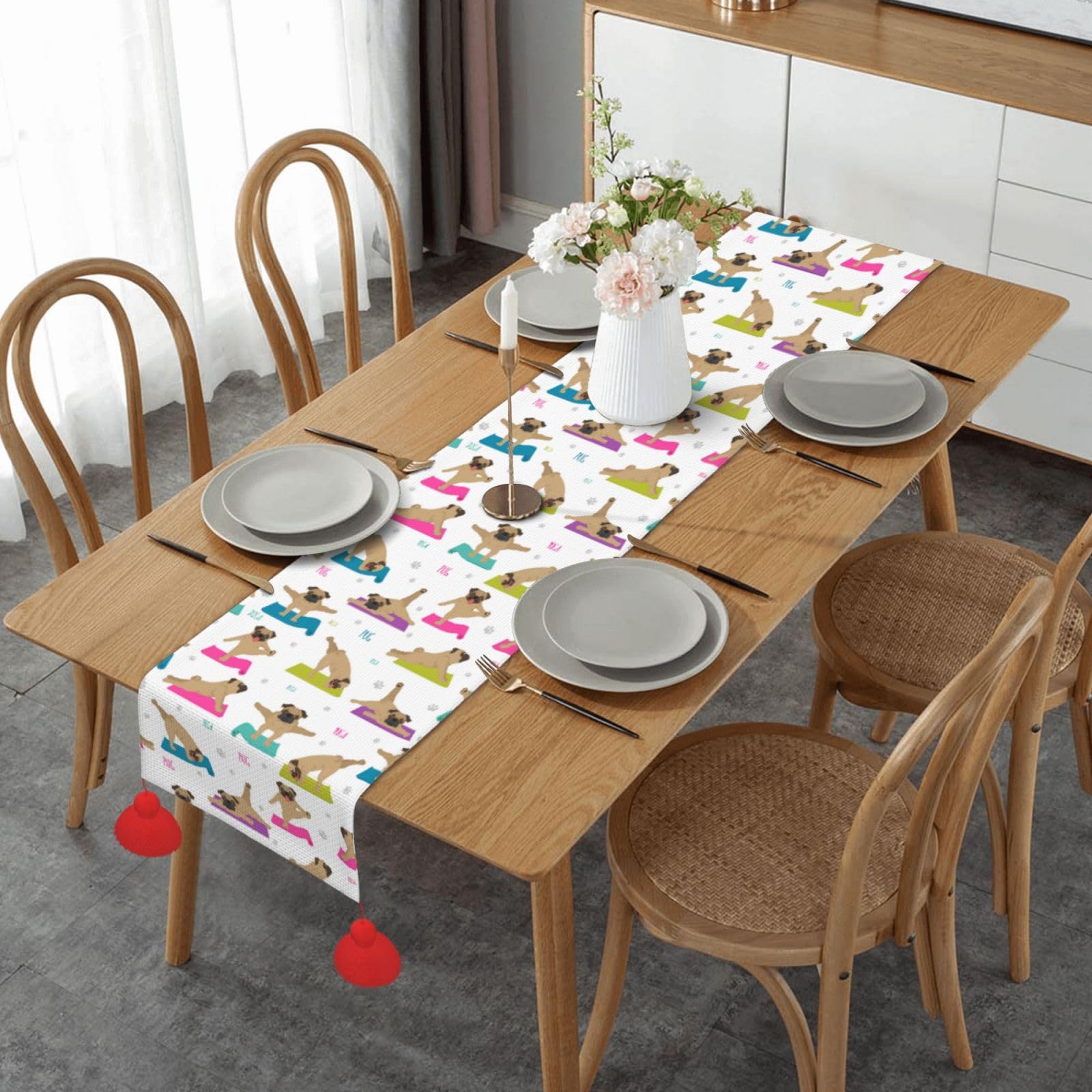 Chemin de table de Noël 35x152 cm avec pompon pour nappe de cuisine et table de fête
