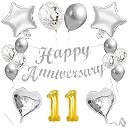 Flyloons 11th Anniversary Decoration Items Silver for Men Women Husband Wife Home Living Room Parent With 10 Pc Confetti Balloons Happy Anniversary Banner 4 Pc Star Heart Set Kit gallery image