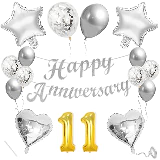 Flyloons 11th Anniversary Decoration Items Silver for Men Women Husband Wife Home Living Room Parent With 10 Pc Confetti Balloons Happy Anniversary Banner 4 Pc Star Heart Set Kit