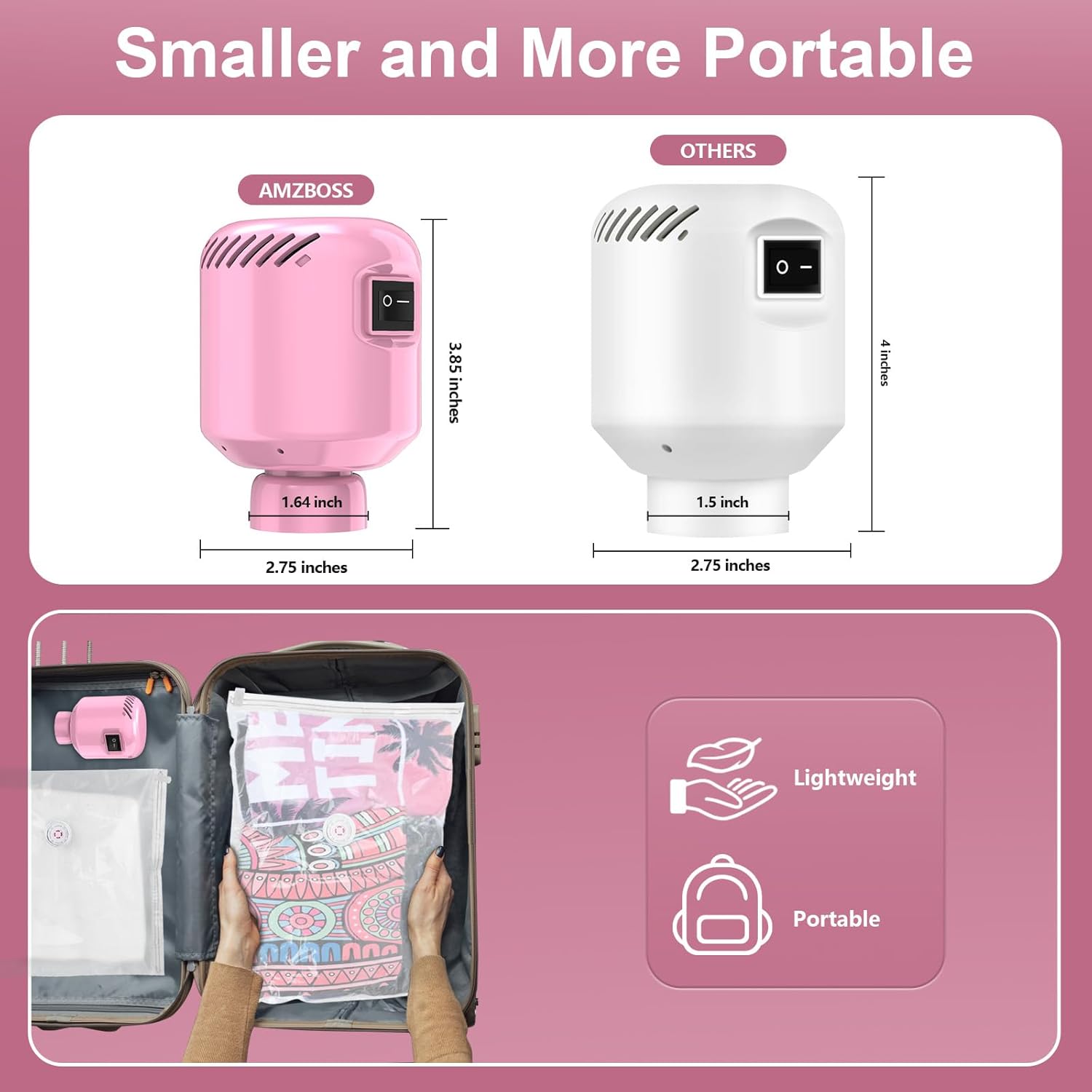 Electric Pump for Vacuum Storage Bags, Portable Vacuum Bag Pump, Electric Vacuum Pump for Storage Bags, Great for Various Vacuum Seal Bags for Clothing,Blankets,Bedding- Pink (No Bags) - Image 5