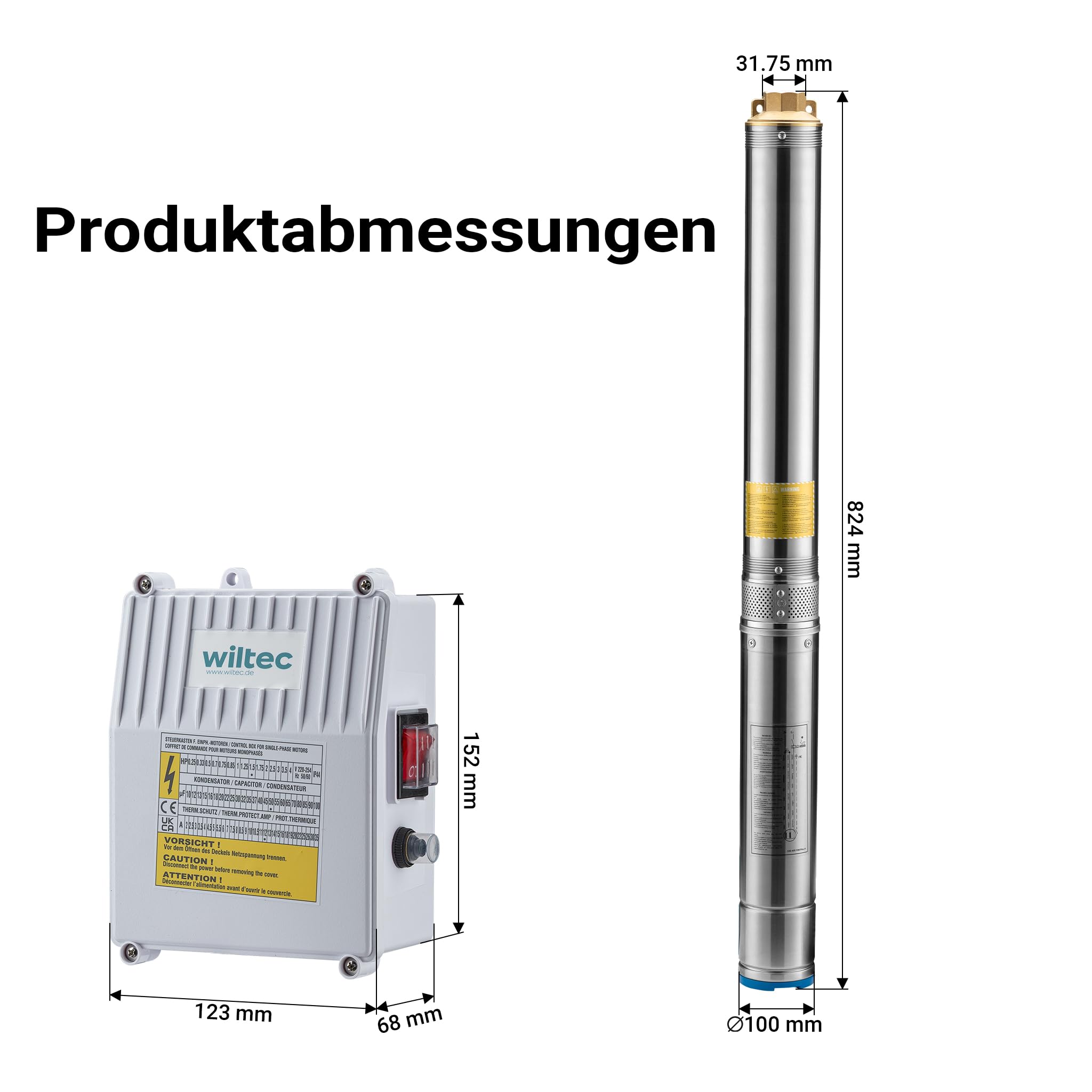 Wiltec Pompa sommersa per pozzi 4" 550 W, portata max 6000 l/h, Elettropompa a immersione con profondità max 20 m