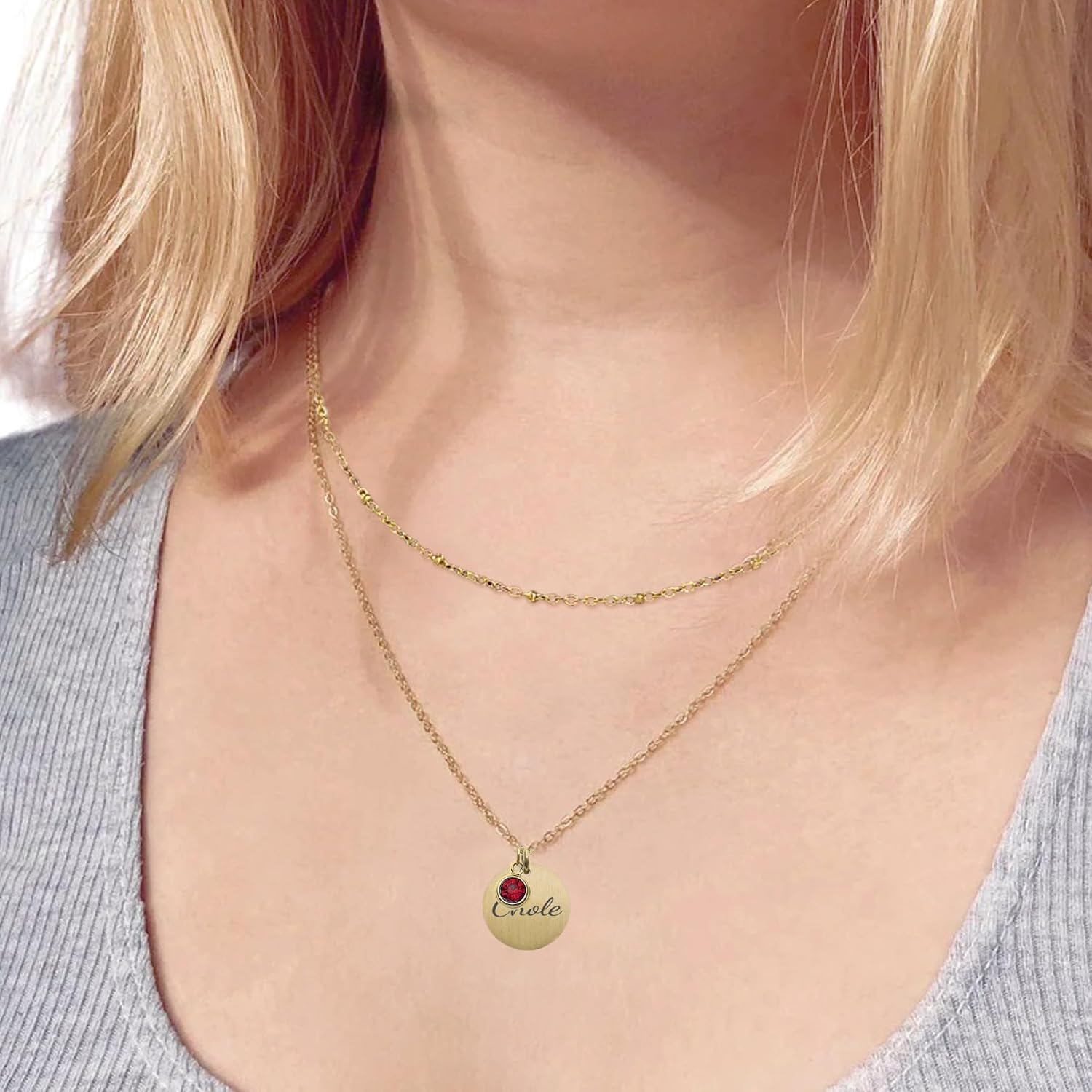 Qina C. Personalized Custom Text Laser Engraving Name Date Birthstone Round Disc Charm Dangle Stainless Steel Pendant Chain Necklace Gift f/Her Wife Valentines Day Anniversary, Regular