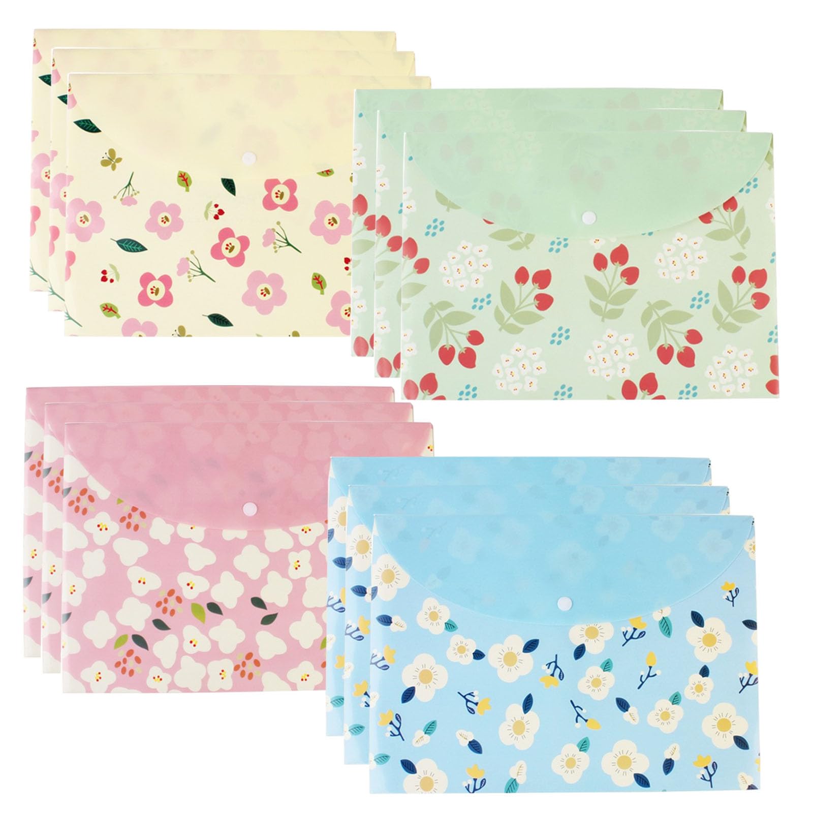 12 Pack A4 Plastic Wallets File Folder PP Plastic Folders Fresh Floral Document Bag Envelope Document Folder with Snap Button Plastics Envelopes Folders Clear Colours Envelope Wallets for Paperwork — image 1
