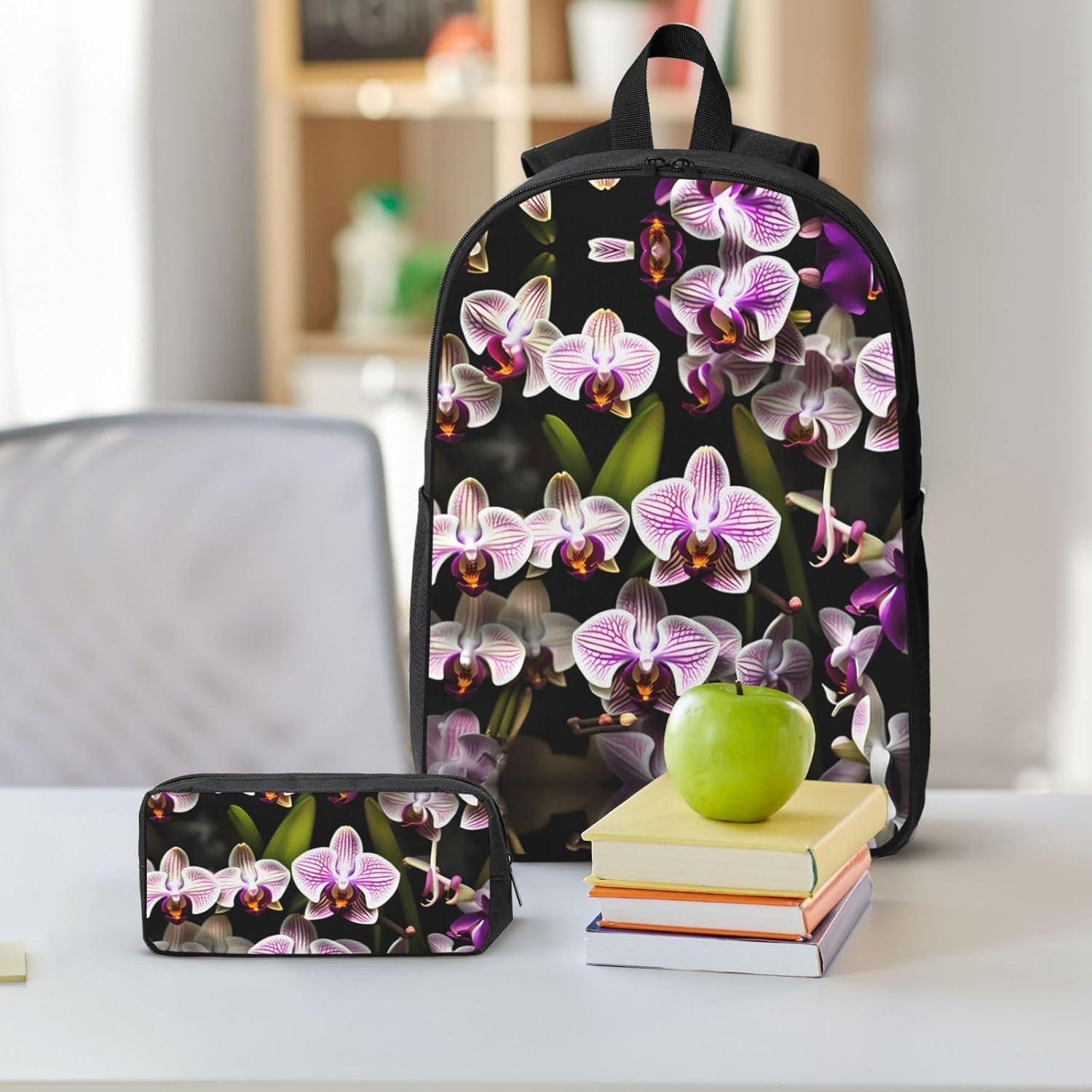 orchids print 3 Piece Backpack Bags with Lunch Box Pencil Case Set for Travel Work Camping Unisex