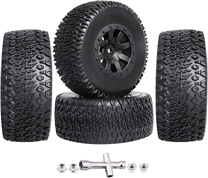 RC Wheel Set 4pcs Tires and Wheels Rims Pre-Glued SCT Tires for 110 RC Short Course Truck Slash 4x4 2WD VKAR 10SC HPI Losi SCT Redcat Blackout SC Style B