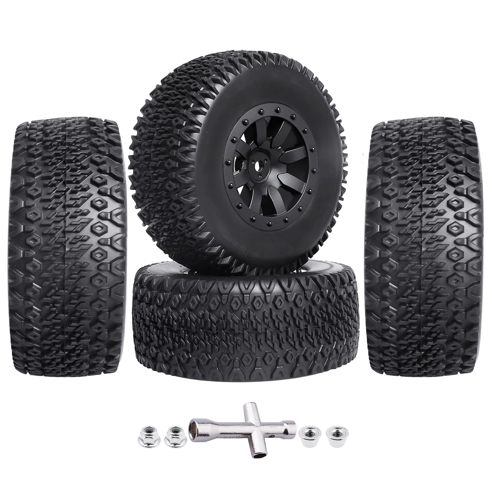 RC Wheel Set 4pcs Tires and Wheels Rims Pre-Glued SCT Tires for 1:10 RC Short Course Truck Slash 4x4 2WD VKAR 10SC HPI Losi SCT Redcat Blackout SC (Style B)
