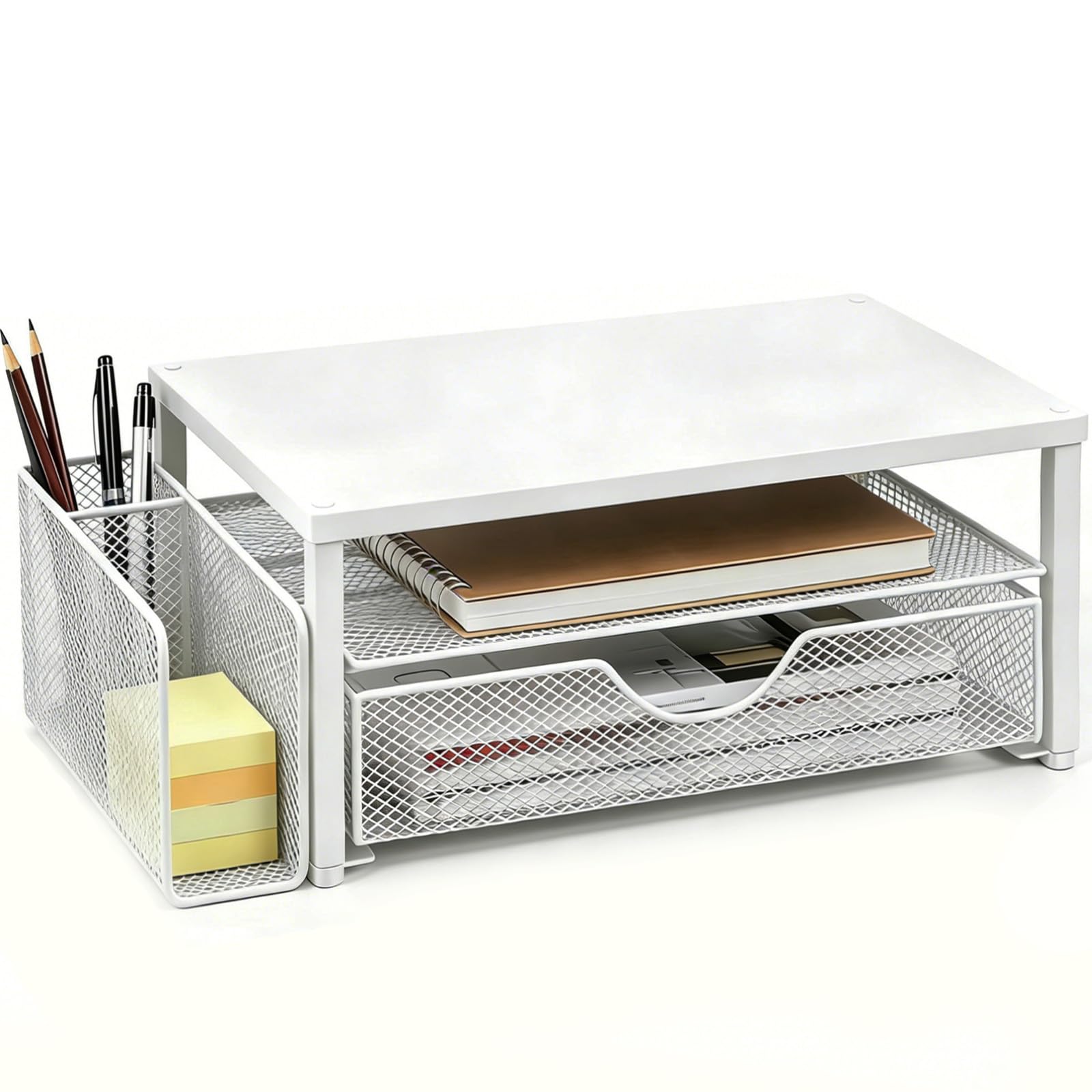Spacrea Organizer da scrivania e accessori, supporto per monitor del computer con cassetto e 1 portapenne aperto, supporto per stampante e laptop, accessori da scrivania per casa e ufficio (bianco)