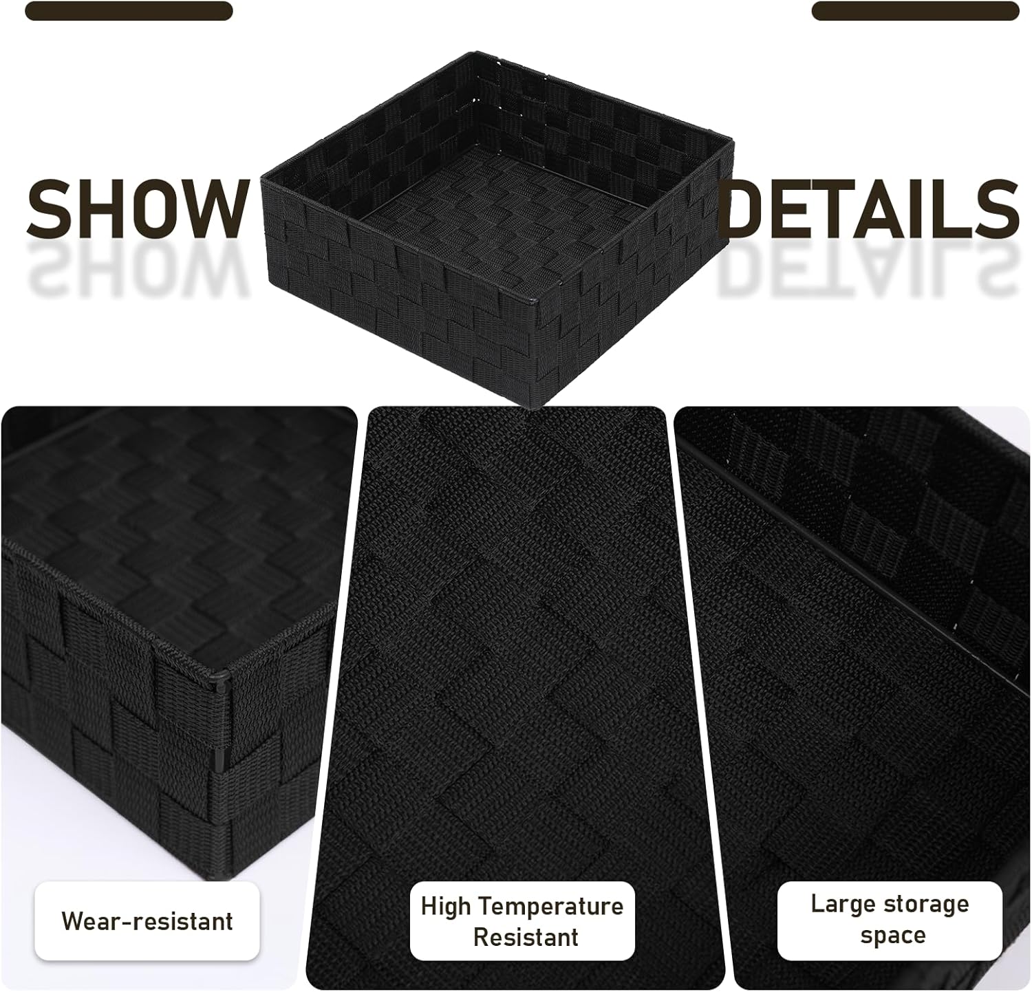 Storage Bins Woven Organizer Set of 6 – Polypropylene Storage Baskets with Metal Frame, Stackable Fabric Boxes for Drawers, Closet, Shelf, Nursery and Office, Black