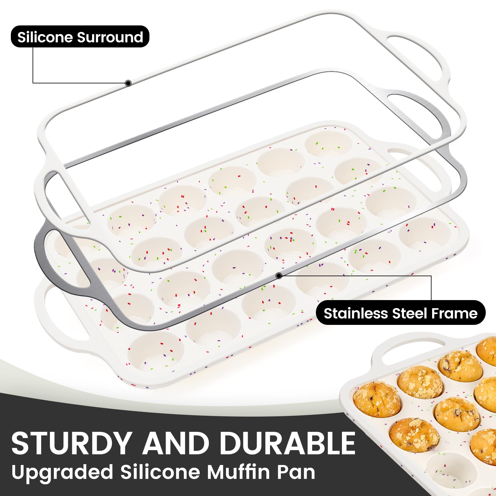 Vinino Mini moule à muffins avec cadre renforcé en métal, moule à cupcakes en silicone pour 24 tasses, mini taille, moule à muffins en silicone sans BPA, passe au four et au lave-vaisselle, crème
