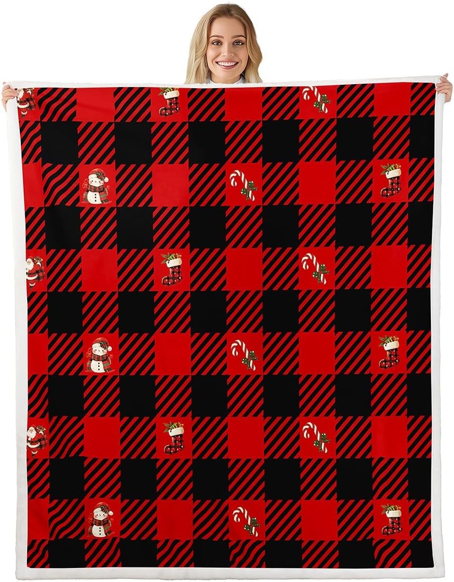 jejeloiu Red Christmas Fleece Throw Blanket Buffalo Check Checkered Xmas Theme Sherpa Blanket Twin 60"x80" for Bed Sofa Couch Kids Boys Girls Teens Socks Plush Blankets Plaid Grid Fuzzy Blanket