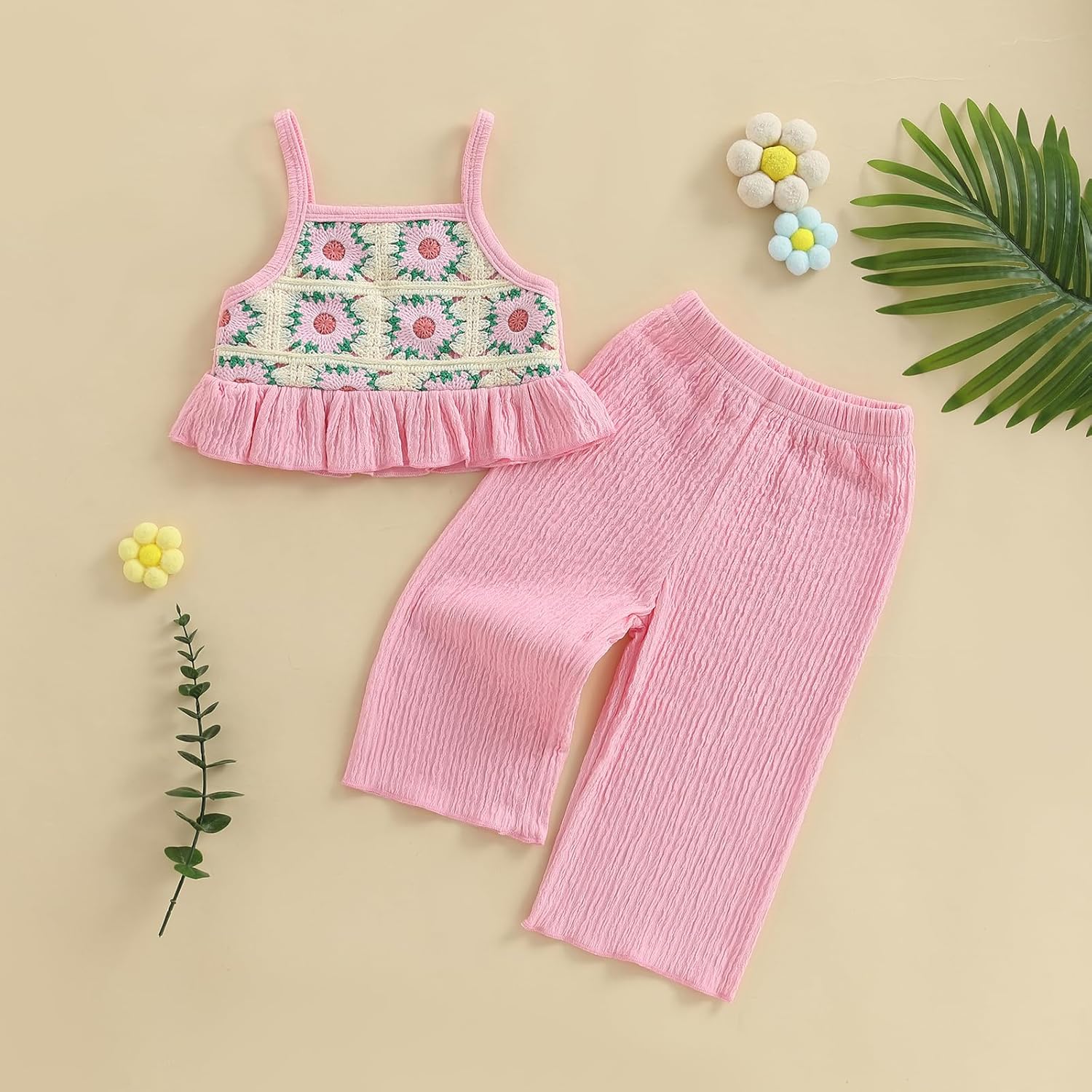 Baby Girl Outfits Crocheted Ruffled Camisole And Elastic Pants Set 6 12 18 24 Months 2 3 4 T - Image 2
