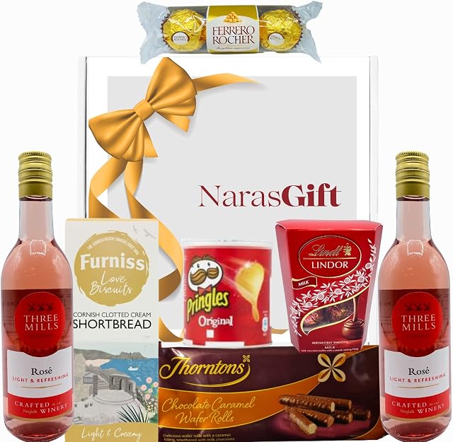 Rose Wine Gift Set - 2x Rose Wine and Chocolate Gift Set, Crisps, Biscuits and Wafer Rolls - Valentines Gifts for Her, Hampers for Couples, Birthday Gifts for Her, Wine Hamper for Men & Women