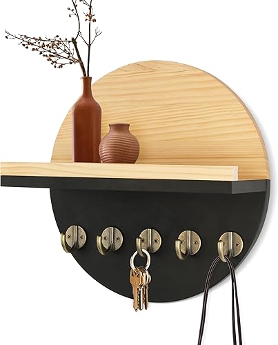 Gurfuy Soporte para llaves de pared con estante, organizador cuadrado de madera y estante con ganchos para estante montado en la pared para