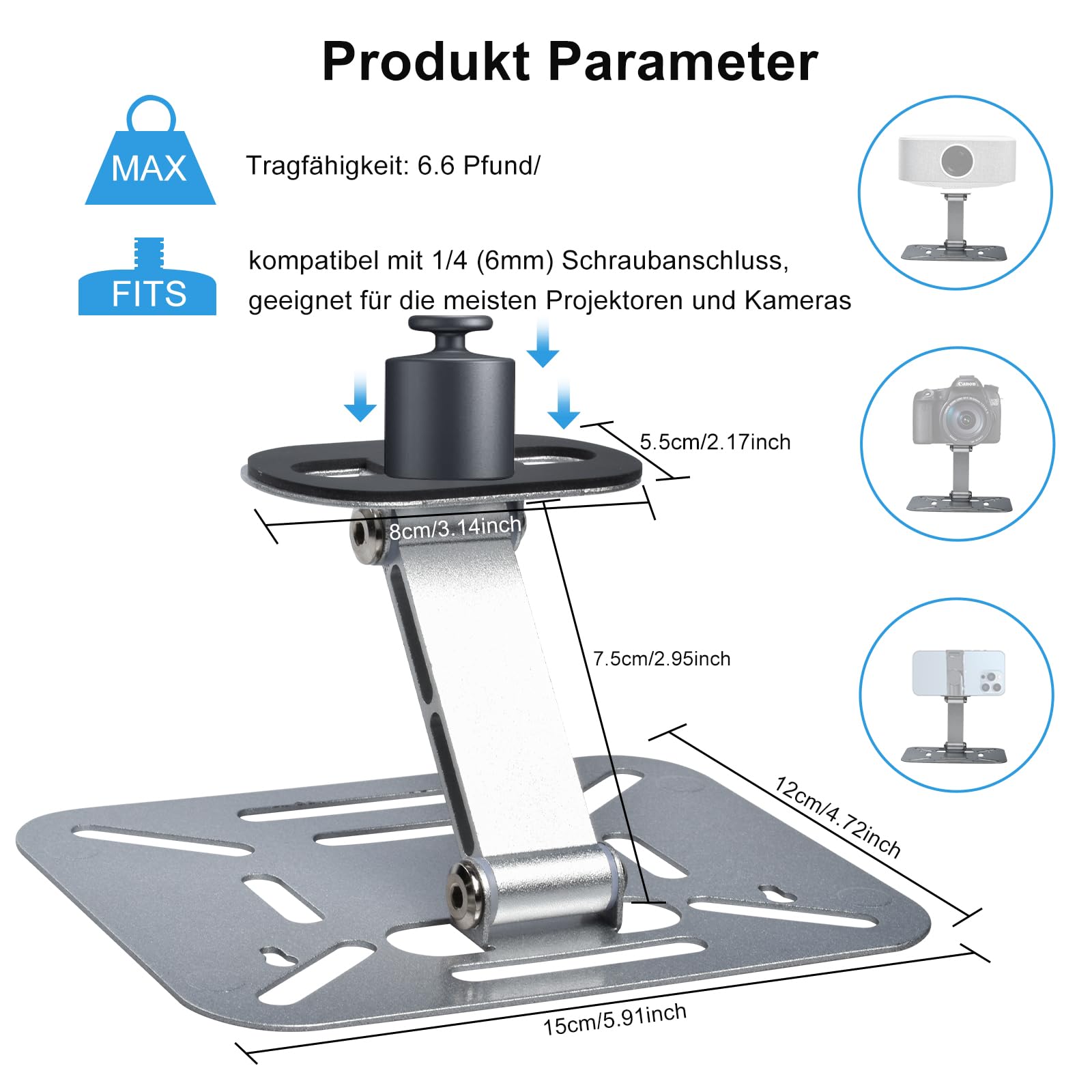 Salange Support de Support de projecteur Bureau,Mini projecteur,Rotatif à 360° avec des Projections d'interface à vis de 1/4 de Pouce (6mm),pour la Plupart des projecteurs,Argent