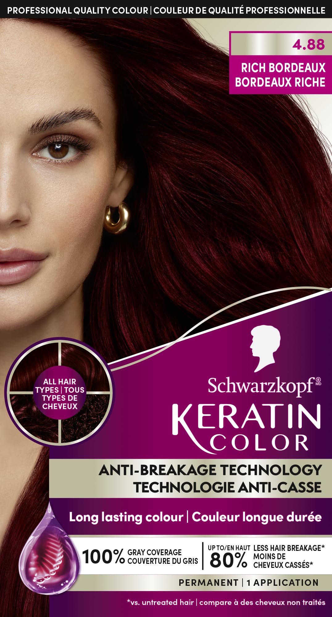 Schwarzkopf Keratin Color Permanent Hair Color, 4.88 Rich Bordeaux, 1 Application - Salon Inspired Permanent Hair Dye, for up to 80% Less Breakage vs Untreated Hair and up to 100% Gray Coverage - 3