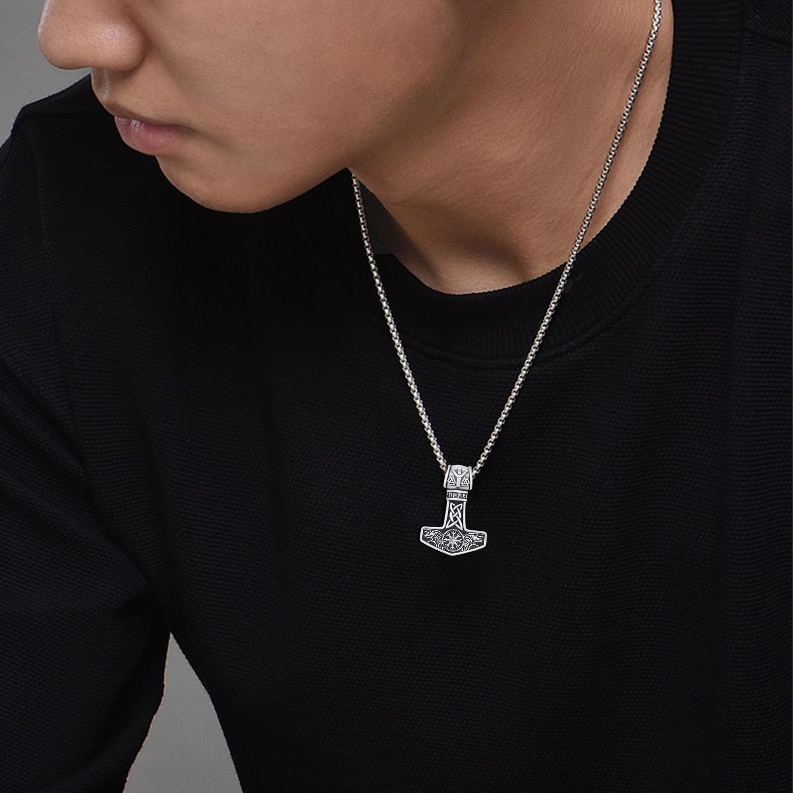 Thors Hammer Halskette 925 Sterling Silber Mjölnir Kette Thor Hammer Anhänger mit Krähen Vegvisir Amulett Schmuck für Männer Unisex, Sterling Silber