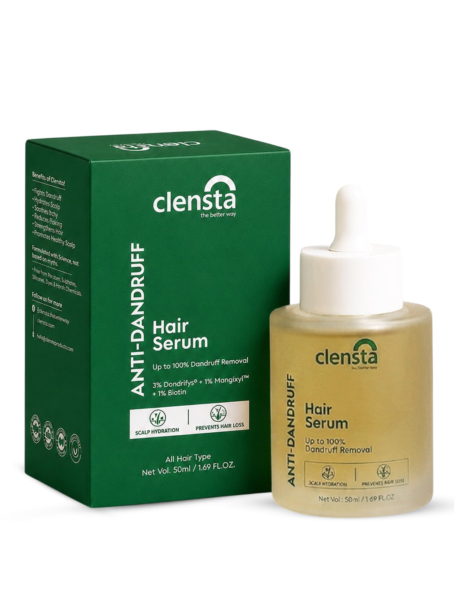 Clensta Anti-Dandruff Hair Serum ( Imported From France ) | Up to 100% Dandruff Removal | With DandErase™, Mangixyl™ & Biotin | Helps Remove Dandruff, Dryness & Itchy Scalp | Scalp Hydration | Lightweight , Non-Greasy Serum | Paraben, Sulfate & Silicone-Free | For Women And Men | 50 ml