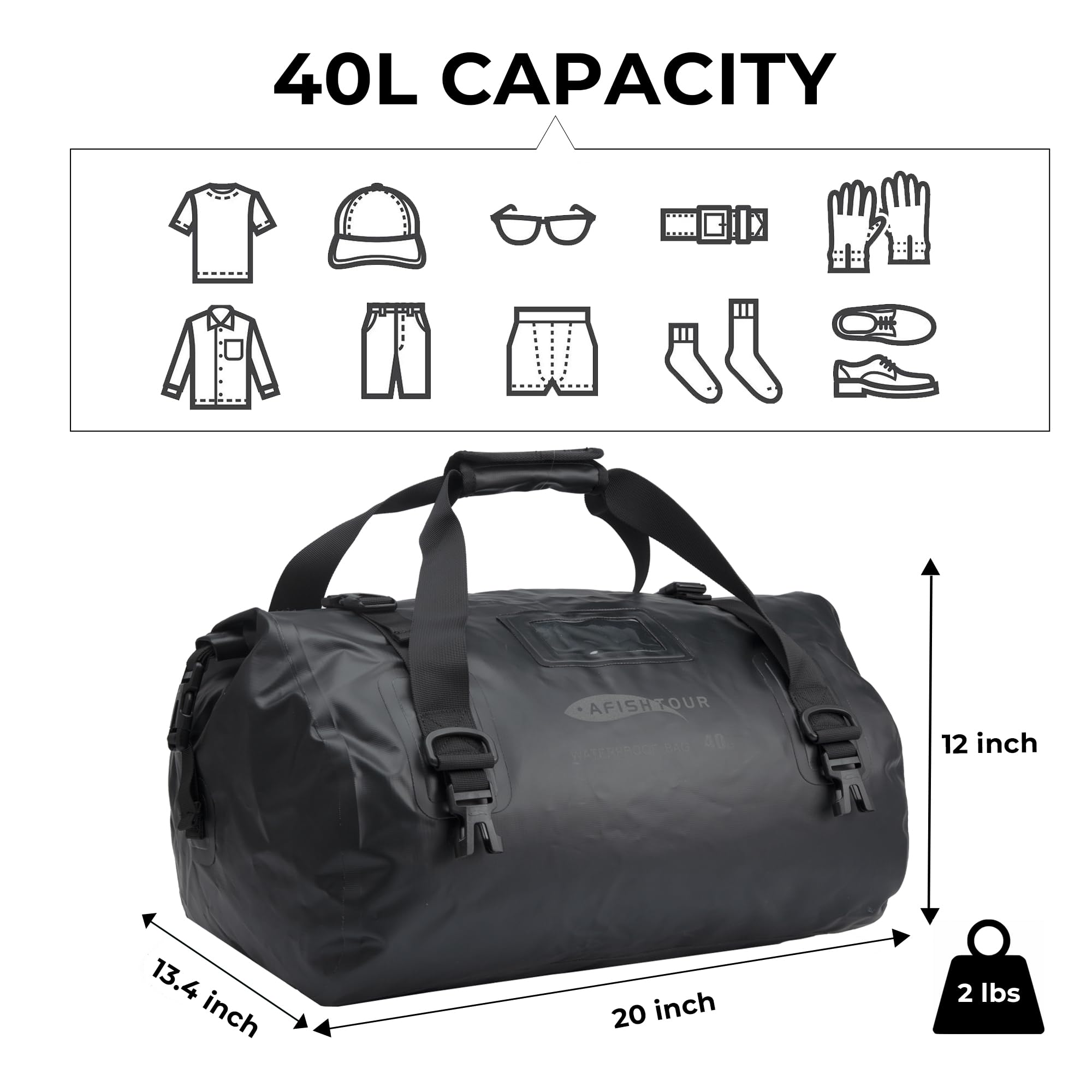 AFISHTOUR 40L Waterproof Motorcycle Duffel Bag - Motorcycle Luggage Tail Bag with Straps for Back Seat - Roll Top Dry Bag for Kayaking, Rafting, Boating, Camping, Travel, Beach (Black)