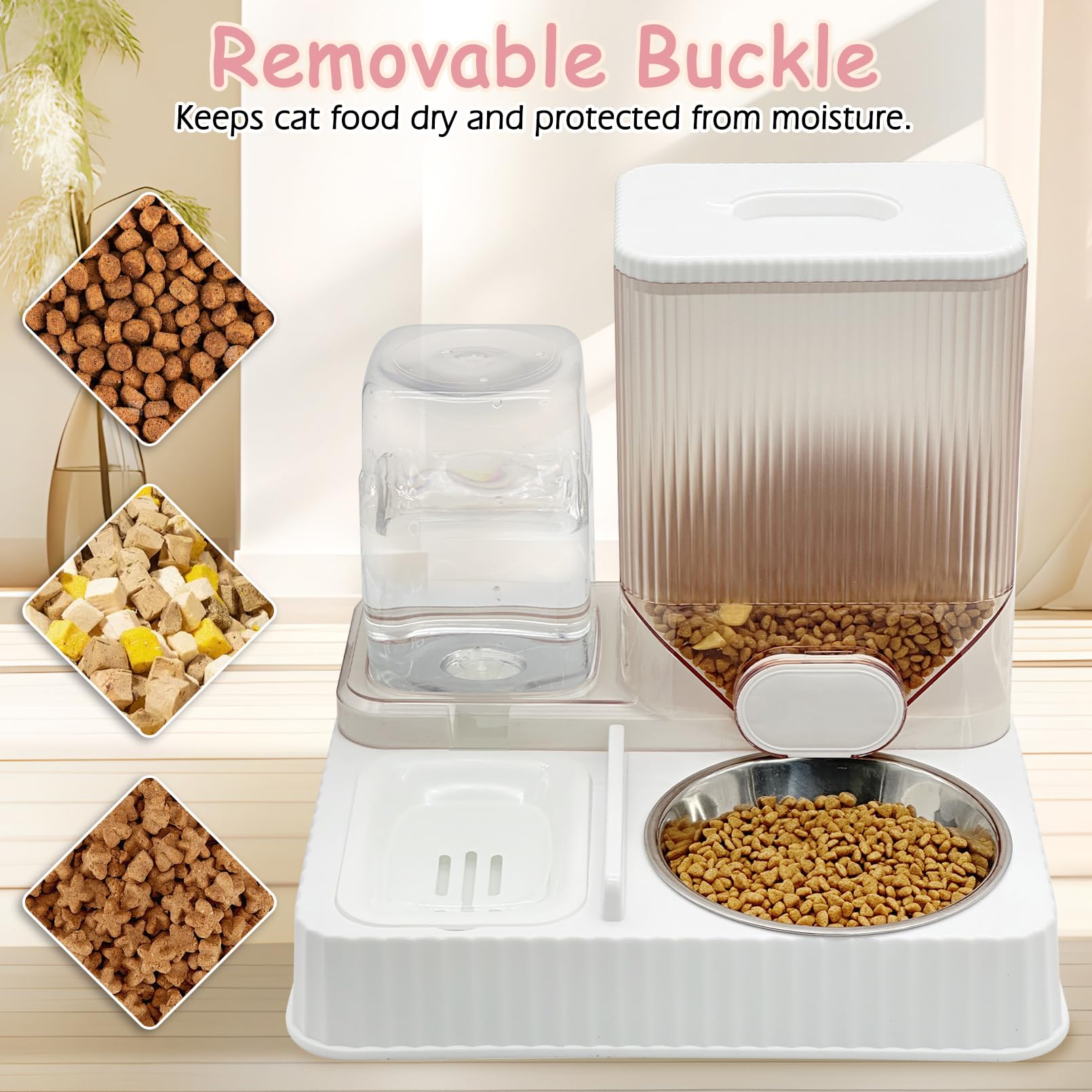 Fhiny Gravity Cat Feeder and Water Dispenser, 2 in 1 Automatic Pet Waterer Detachable Stainless Steel Food Bowls Set Pet Food Storage for Small Dog Puppy Cat Kitten Pet Easy Clean (Grey)