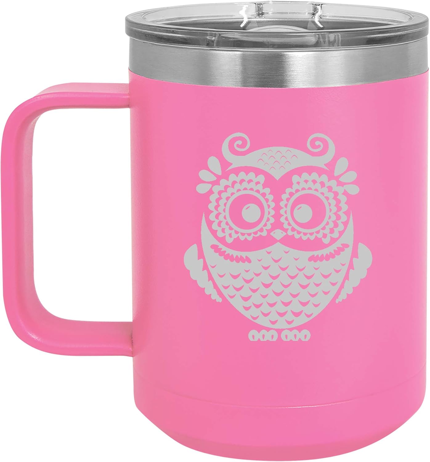15 oz Tumbler Coffee Mug Travel Cup With Handle & Lid Vacuum Insulated Stainless Steel Owl Vintage (Hot Pink)