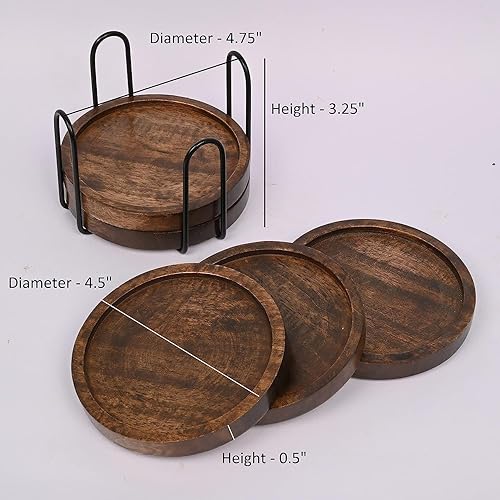 Miniatura 6 de SAMHITA Juego de 5 posavasos de madera de mango para bebidas con soporte de hierro, para encimera y superficies de marcas de agua o daños (4.5 x 4.5