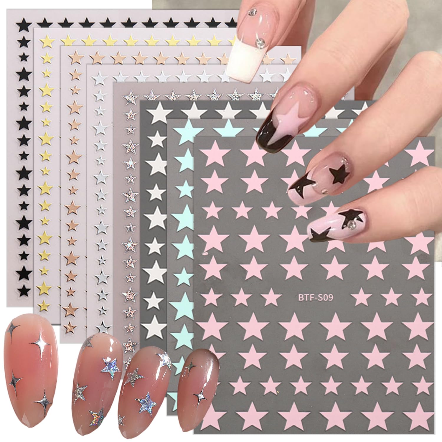 8 Sheets Star Nail Stickers 3D Self-Adhesive Pink Star Nail Decals Gold Silver Stars Nail Art Stickers Glitter Shiny Pentagram Nail Art Deals Black White Star Nail Decoration for Women Nail Supplies