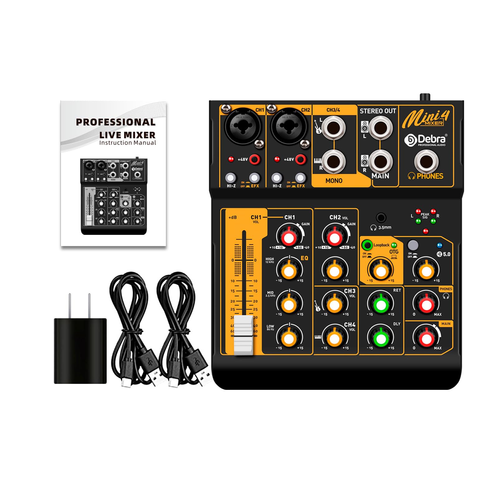 Mixer audio D Debra Audio Mini4 portatile a 4 canali DJ Mixer Console, scheda di mixaggio del suono con USB Bluetooth 48 V alimentazione phantom, console audio per live party di nozze registrazione