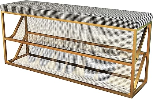 Miniatura 9 de Banco otomano de almacenamiento para pies en el extremo de la cama, banco de zapatos de entrada con cómodo cojín, 3 niveles, de malla metálica,