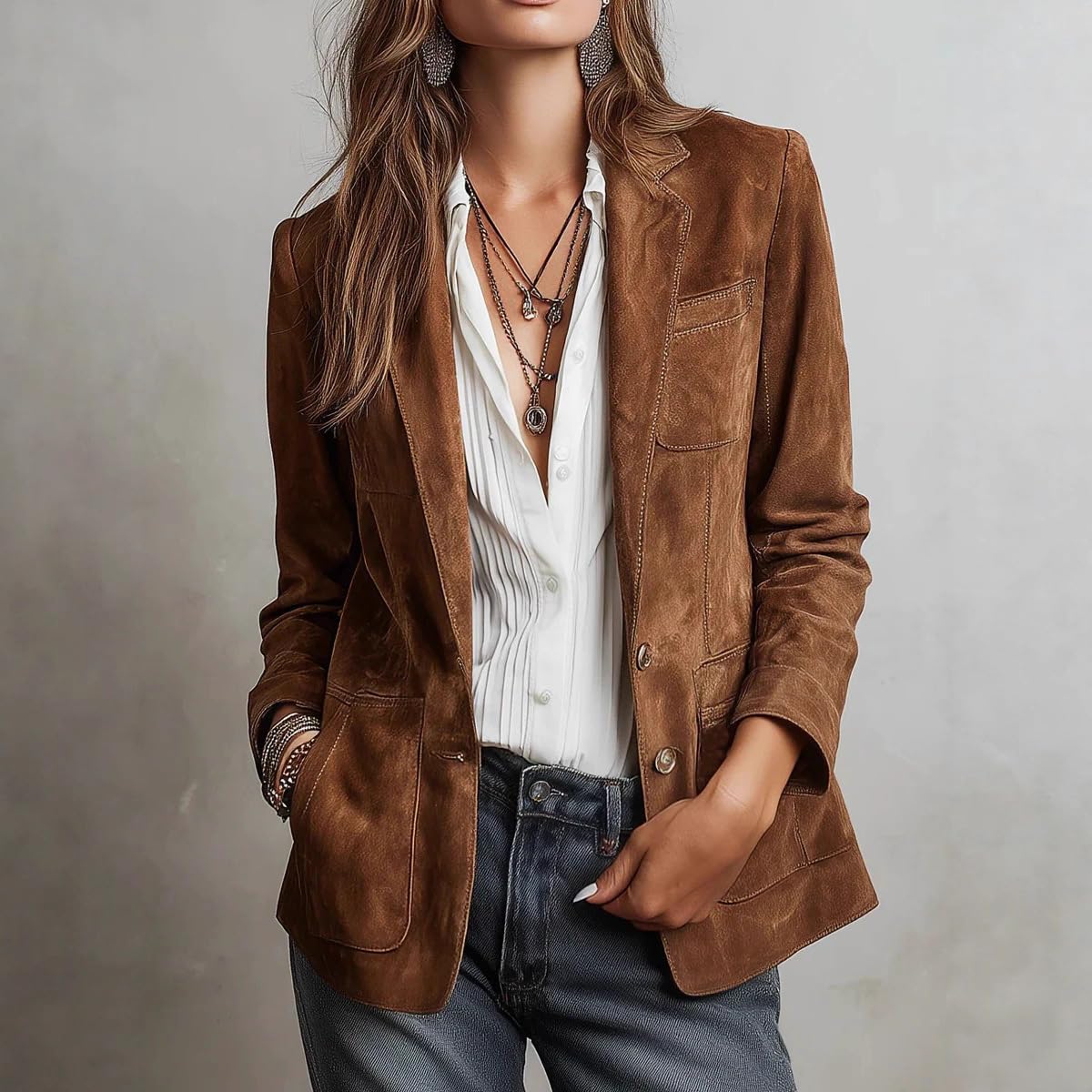 Leder-Blazer für Damen, Vintage-Stil, Wildlederimitat, Retro-Kontrastnähte, umweltfreundliche Wildlederjacke, Arbeit, Freizeit, Herbstmäntel