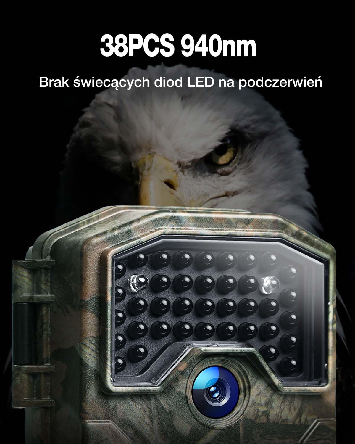 WOLFANG Kamera Myśliwska, kamera do obserwacji dzikich zwierząt, Kamera leśna 2160p 48MP HD, diodami LED na podczerwień 940 nm, z czujnikiem ruchu, Czas Wyzwalania 0,2 s