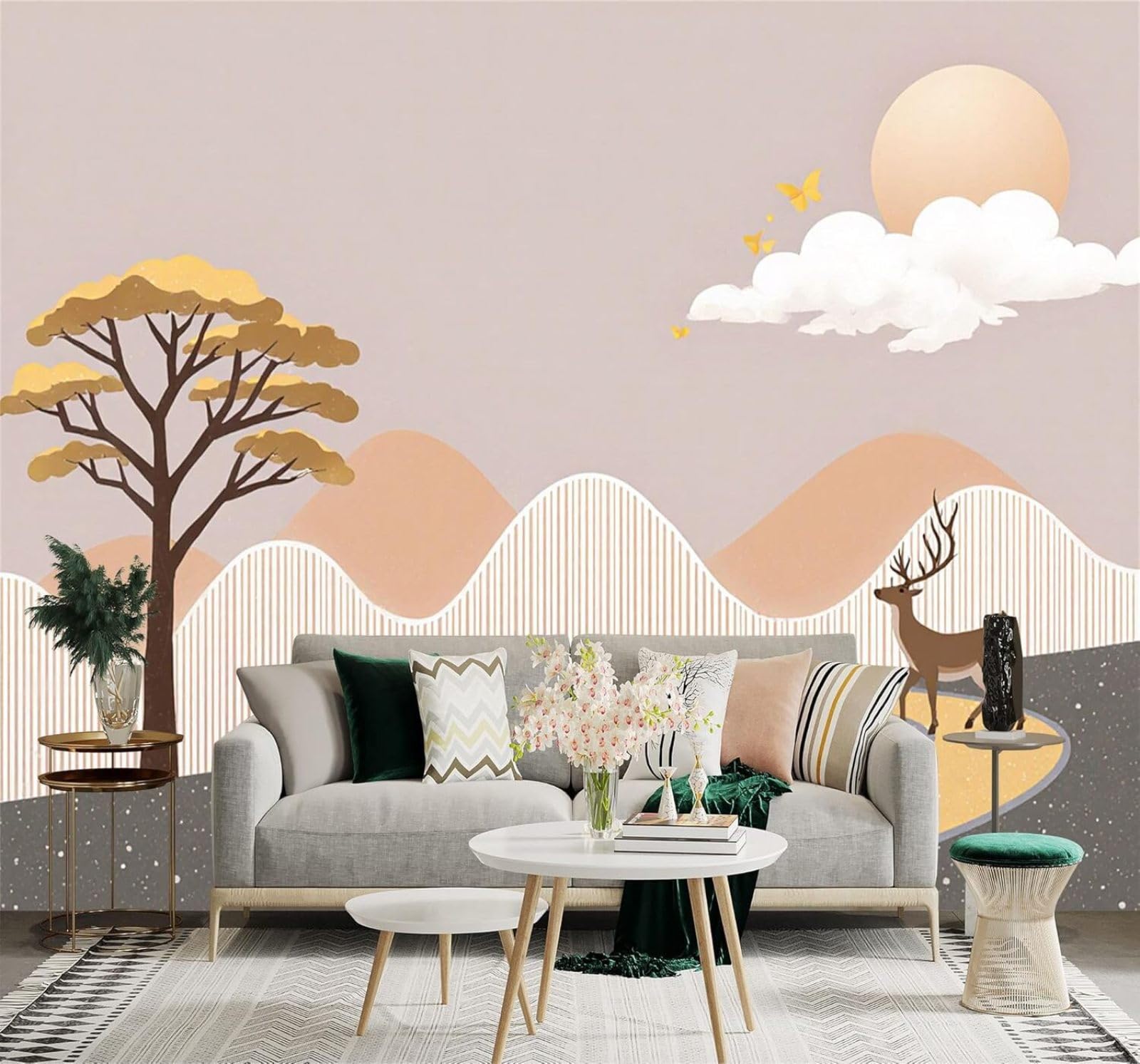 XLMING Mountains Fawns Trees Sunshine Clouds 3D Wallpaper Silky Texture Home Study Office Grey Dining Room Sofa Bedroom Living Room TV Backdrop-250cm×170cm
