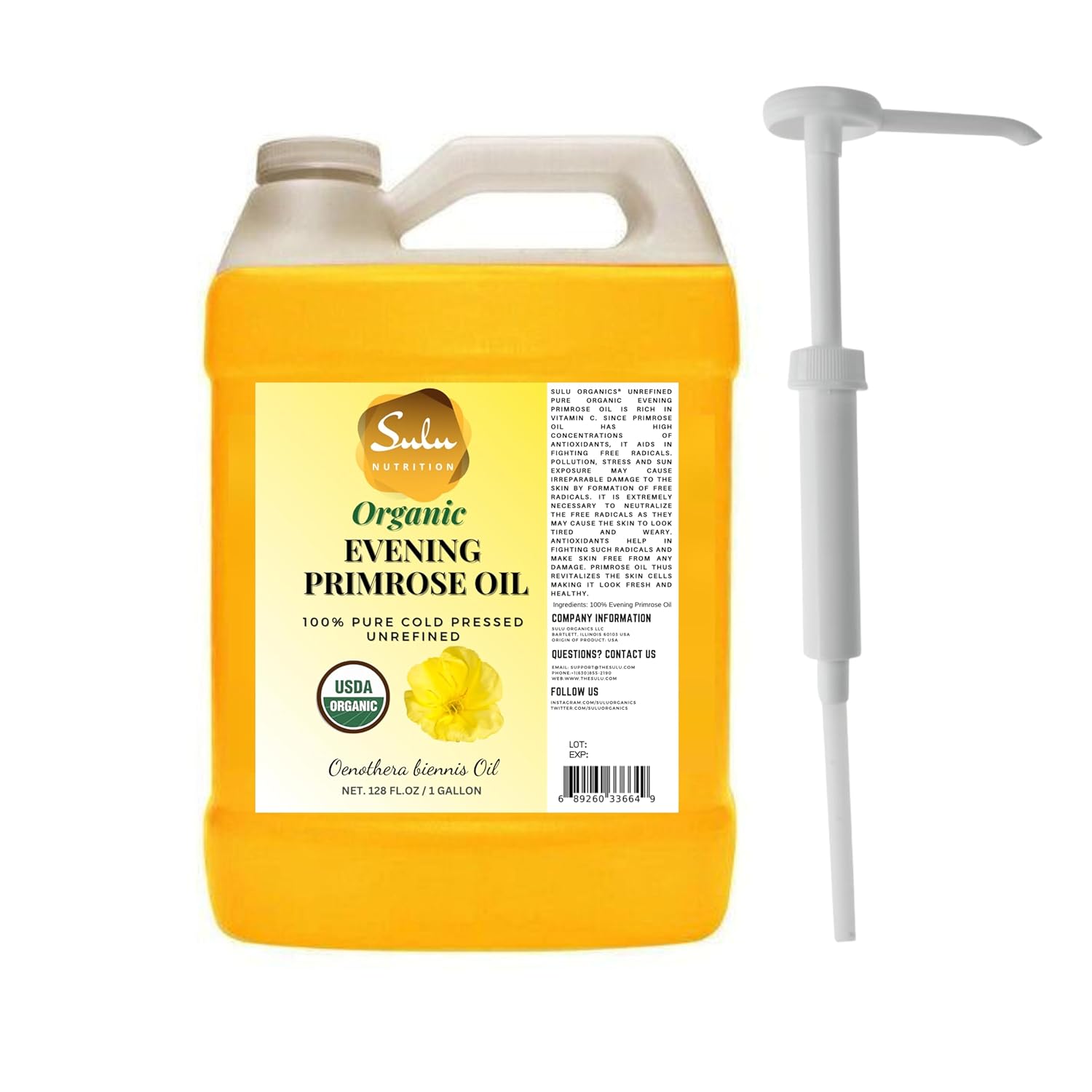 SULU ORGANICS 1 Gallon (128 FL.OZ) 100% Pure Unrefined Virgin Cold Pressed Evening Primrose Oil 12% GLA