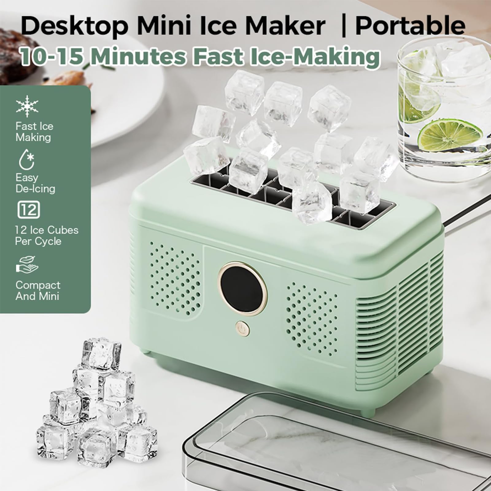 Máquina De Hielo Portátil, Máquina De Hielo Para Encimera De 150w Con 12 Cubitos En 15-20 Minutos, Bajo Nivel De Ruido, Diseño Compacto, Máquina De Hielo Automática Para Hogar, Oficina green home-use