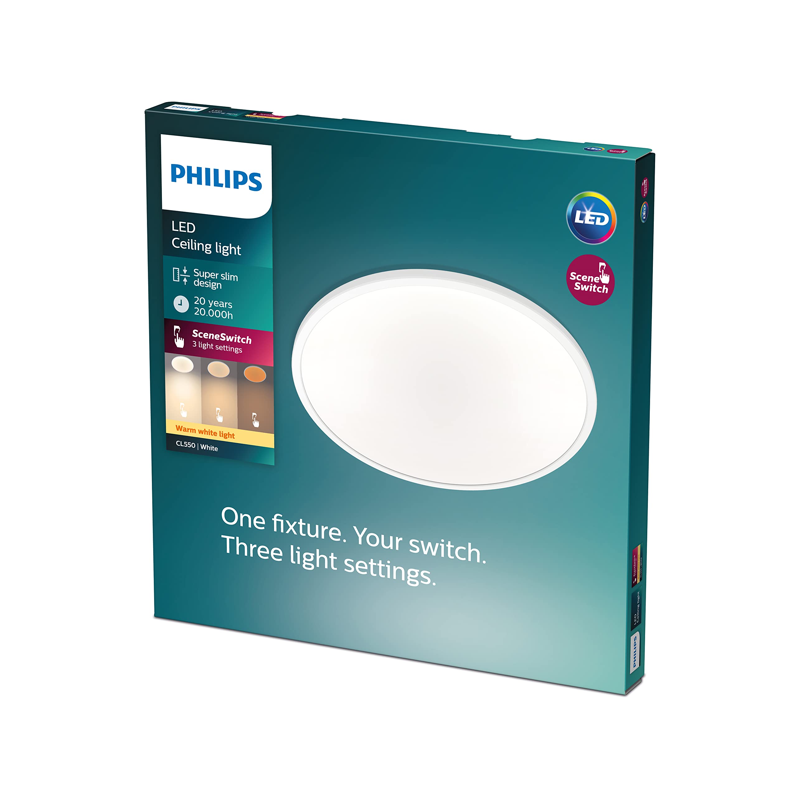 Philips LED Lampada da Soffitto Superslim, Equivalente a 18W, Luce Bianca Calda, IP44, Non Dimmerabile, Bianco