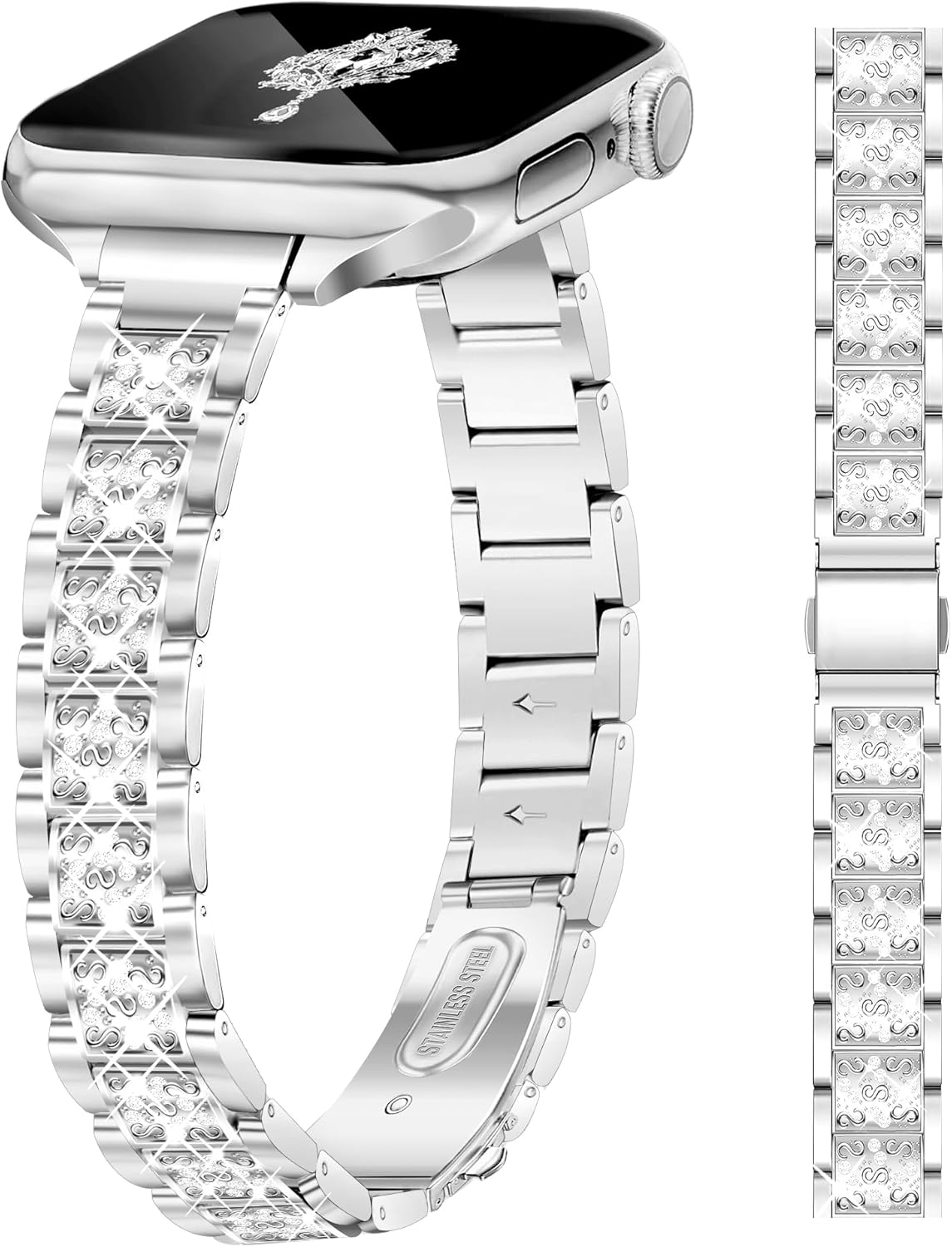 Slim Silver Bling Watch Band Women Compatible with Apple Watch 38mm 40mm 41mm 42mm (S10) Jewelry Replacement Sparkly Diamond Metal Thin Strap for iWatch Series 10/9/8/7/6/5/4/3/2/1/SE