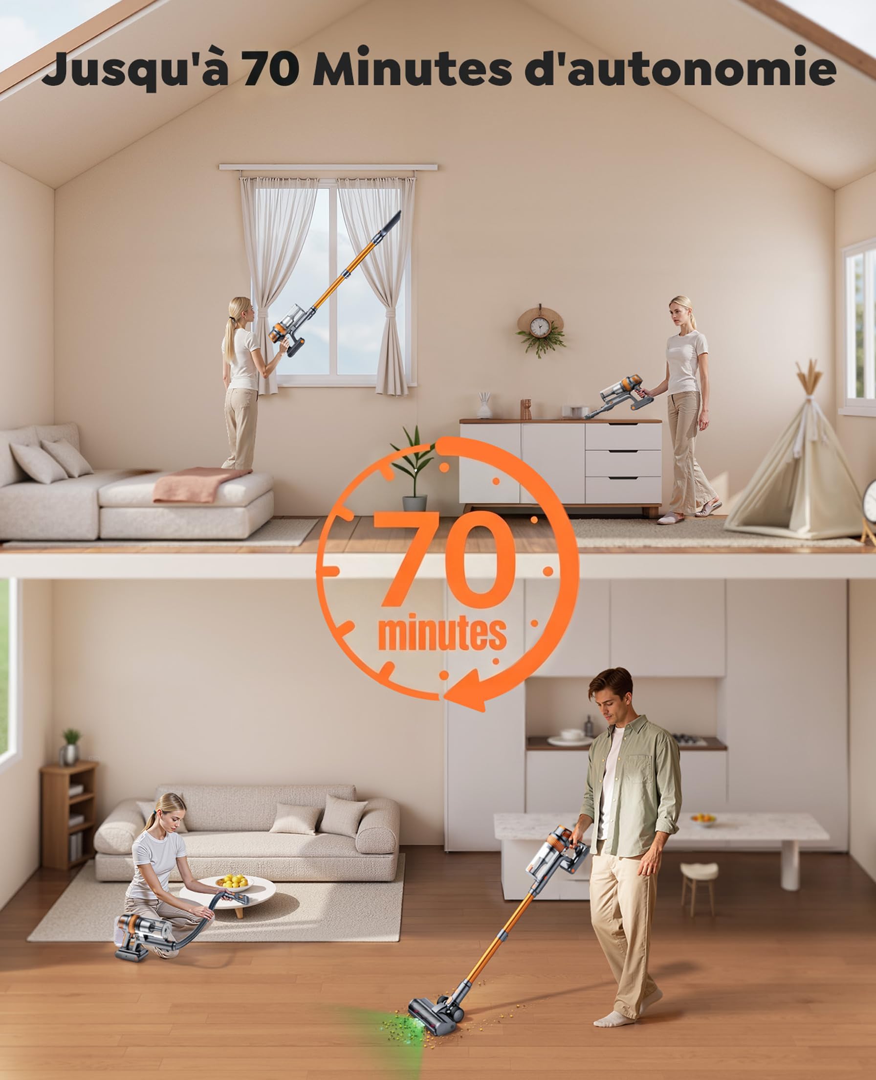 SMOTURE Aspirateur Balai sans Fil 650W/55KPa/70Min, Aspirateur sans Fil Puissant avec Tuyau Extensible 1m, Charge Murale, Mode Auto, Aspirateur Balai Écran LCD pour Poils d’Animaux/Sols/Tapis/Voiture