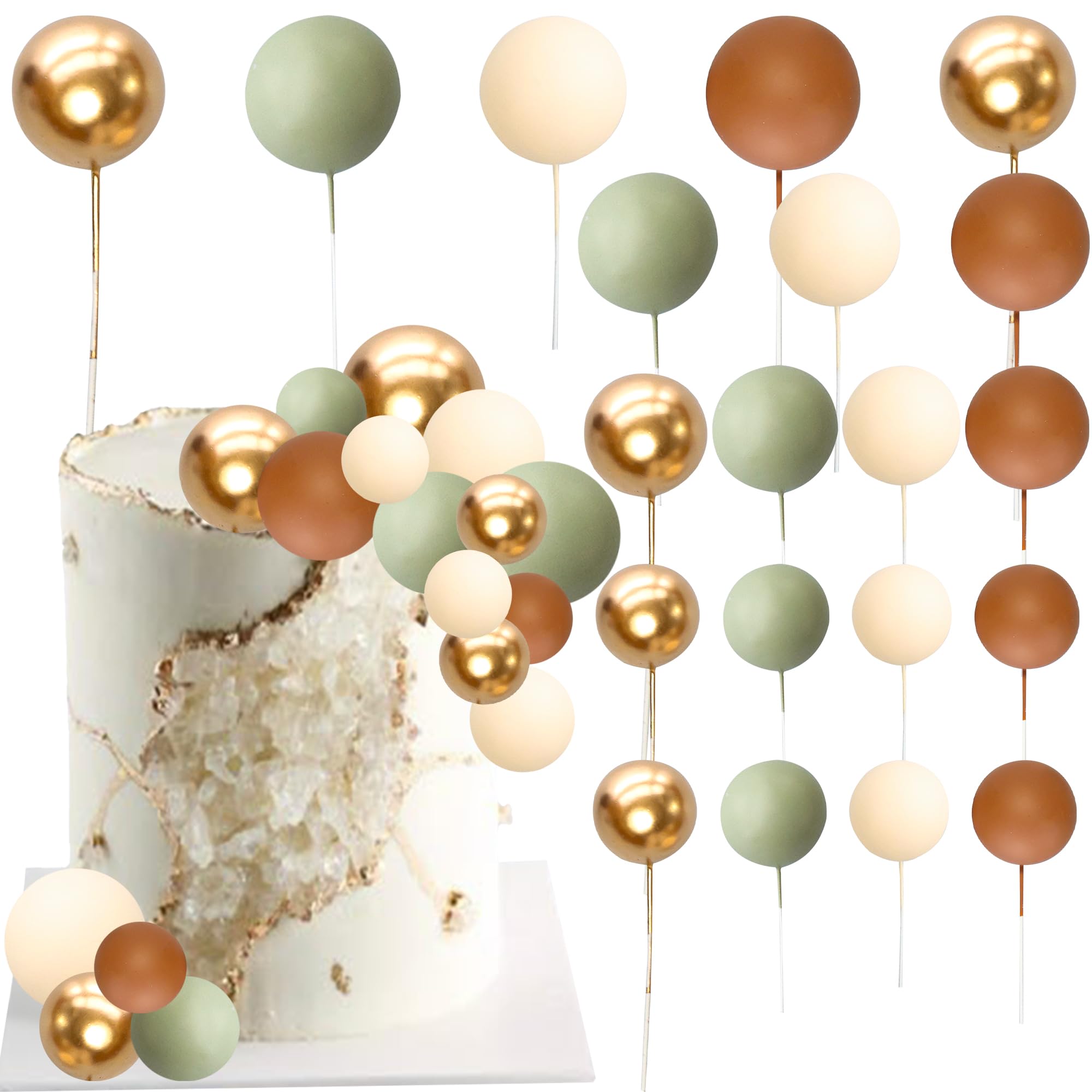 Ephlyn 32Pcs Colorful Ball Shaped Cake Topper Pearl Balls Cupcake Cake Insert Topper for Birthday Party Wedding Decoration Supplies Gold Brown Khaki Green