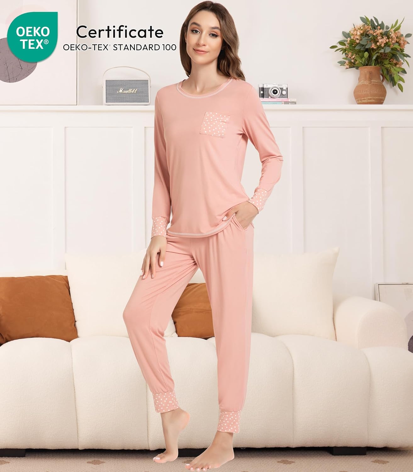NACHILA Pajamas for Women-Viscose Made from Bamboo,Long Sleeve Pajama Sets Crew Neck Pj with Joggers Pants Soft 2 Piece Pjs