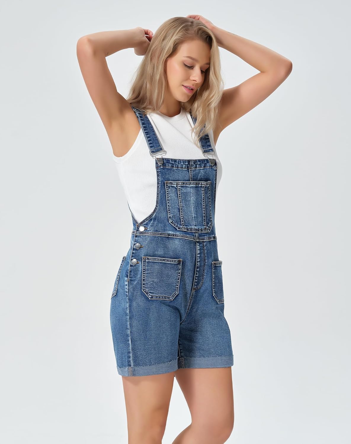 roswear Denim Overall Shorts for Women Stretchy Jumpsuits with Adjustable Strap Cuffed Hem - Image 2