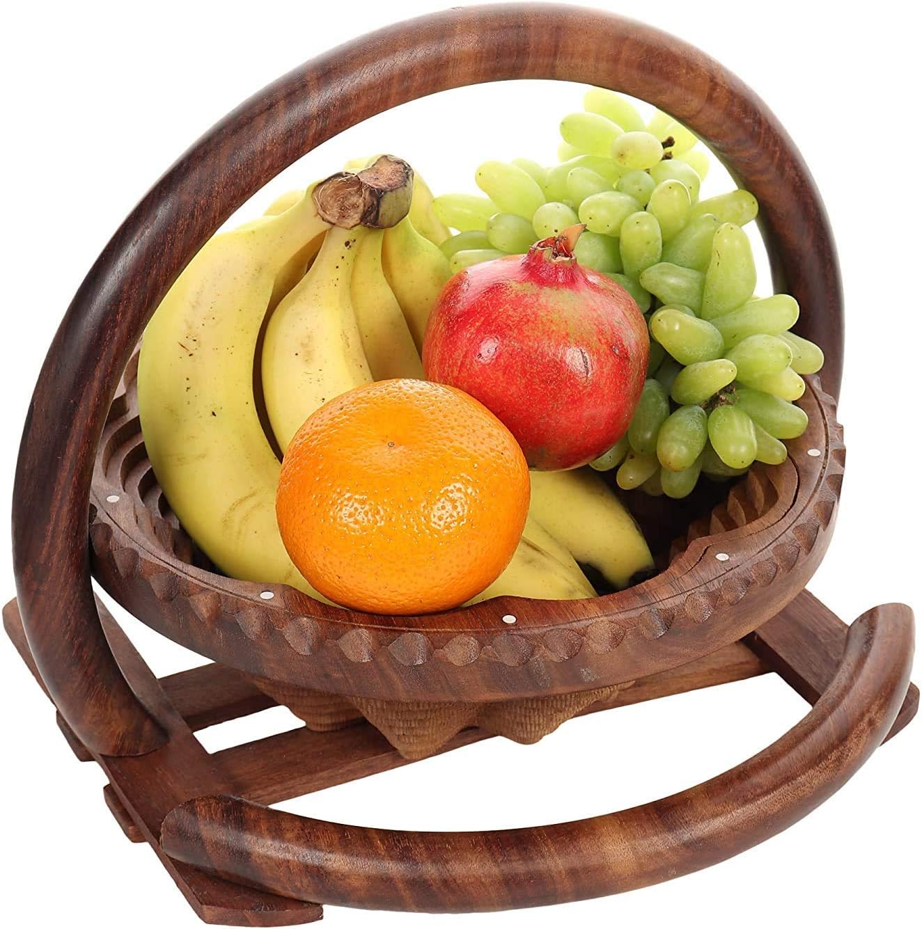 DWH DELUXE WOOD HANDICRAFTS Beautiful Fruit Foldable Handcrafted Round Shape Fruit/Vegetable Basket- Brown