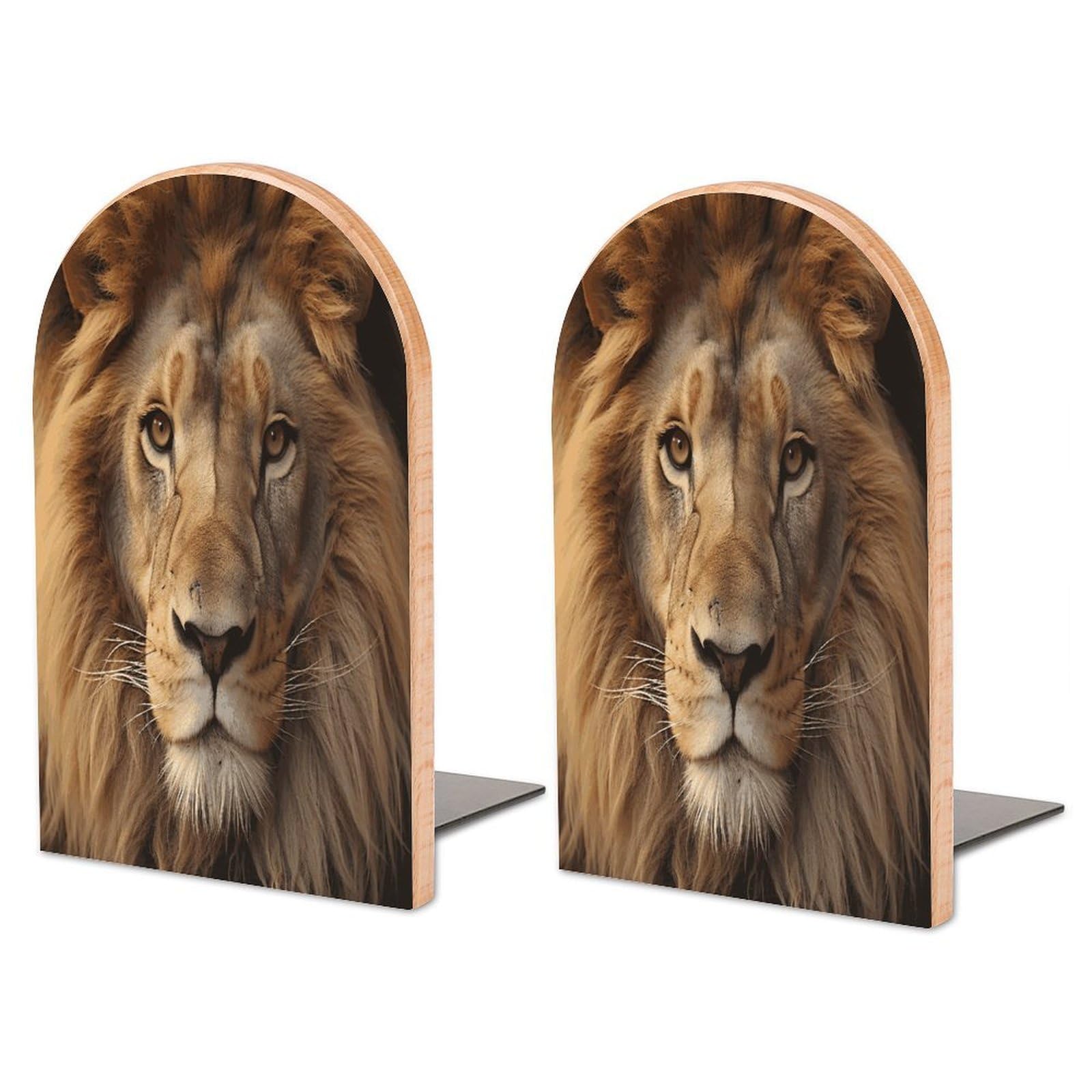 African Lion Head Wood Bookend for Shelves 1 Pair