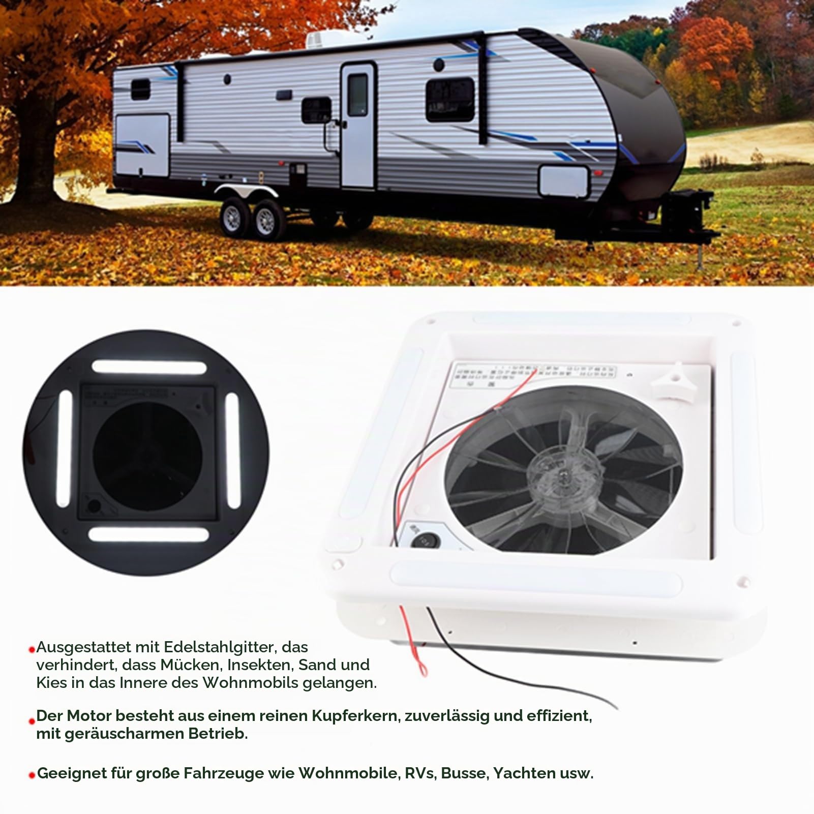 12 V Wohnmobil Dachlüfter 11 Zoll, 2 Wege Luftbelüftung mit LED Licht, ausgestattet mit Edelstahlgitter für Anhänger, Wohnmobile, Wohnwagen, große Fahrzeuge