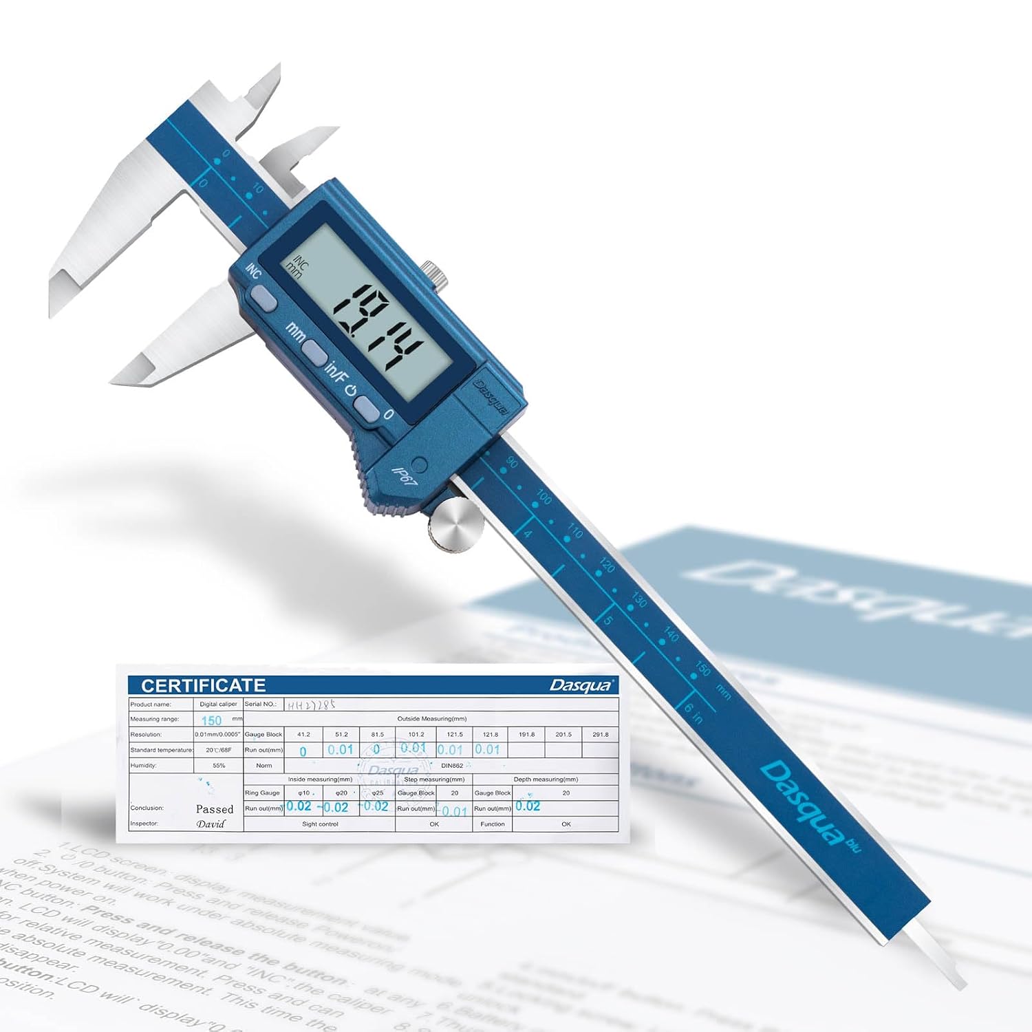 Dasqua 6”/150mm IP67 Absolute Origin Digital Caliper, Stainless Steel, Accuracy ±0.001”/0.02mm, Resolution 0.0005"/0.01mm/1/128, Water/Coolant/Dust Protection, in/mm/Fraction Conversion