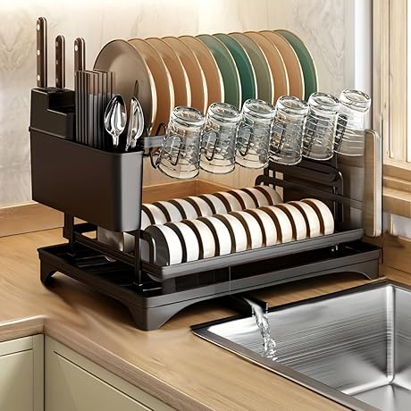 2 Tier Dish Rack Organizer: Kitchen Drying Rack with Drainboard and Utensil Holder