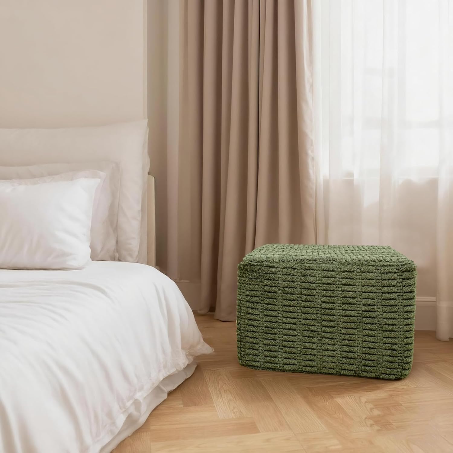 20x20x14 Inches Fluffy Square Pouf Ottoman - Plush Furry Boneless Ottoman Foot Rest Stool with High-Density Foam, Versatile Floor Seating for Living Room (Green)